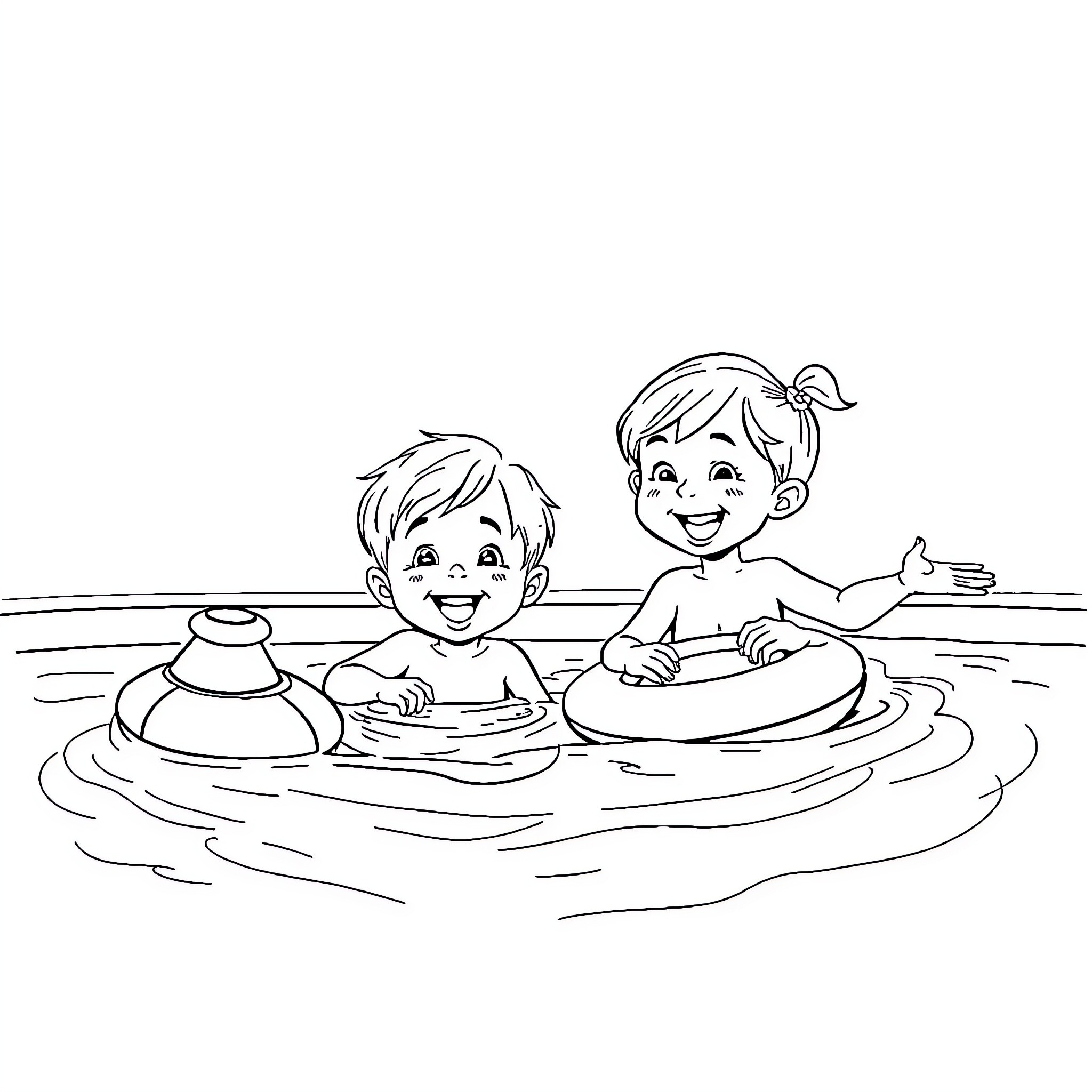 Fille enjoying swimming with friends in the pool Coloring Page (free black-and-white line drawing printable PDF for all, from beginners to advanced learners, including children, teens, adults, and seniors)