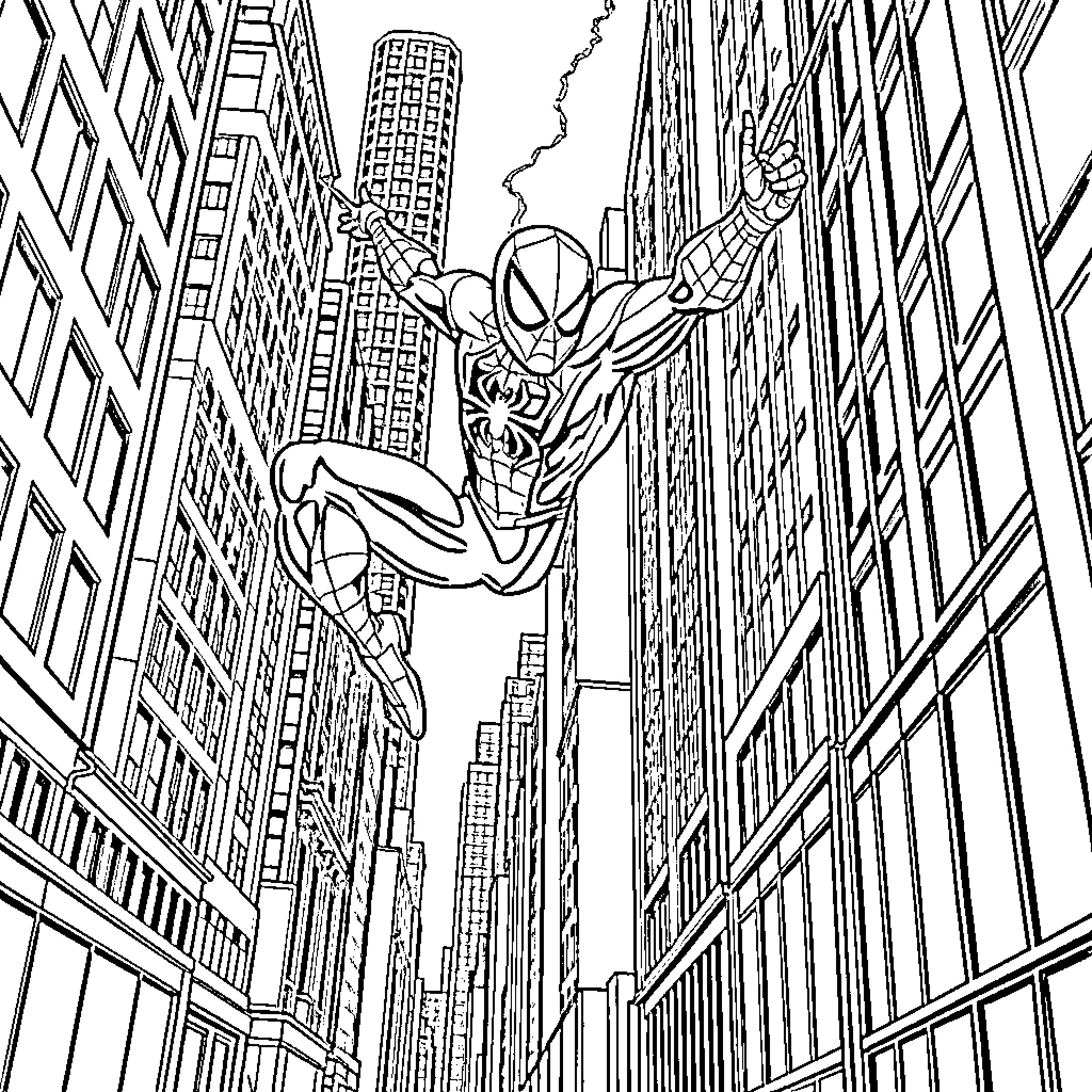 Spiderman swinging through the city skyline Coloring Page (free black-and-white line drawing printable PDF for all, from beginners to advanced learners, including children, teens, adults, and seniors)