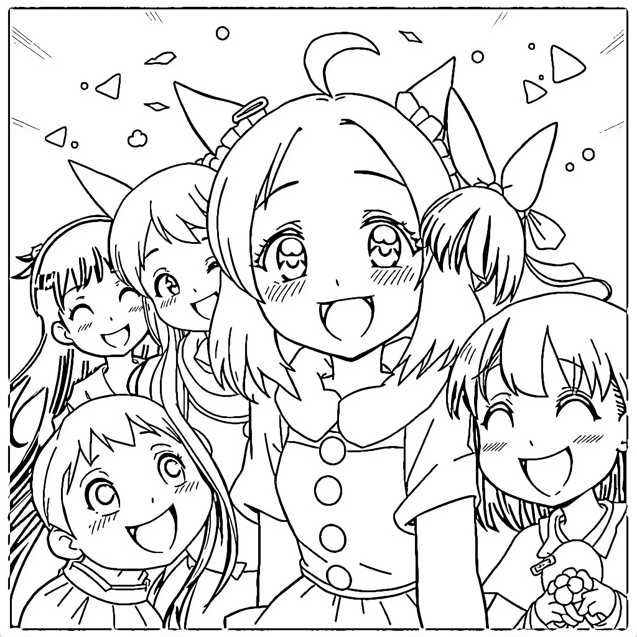 Kuromi and friends in a playful scene Coloring Page (free black-and-white line drawing printable PDF for all, from beginners to advanced learners, including children, teens, adults, and seniors)