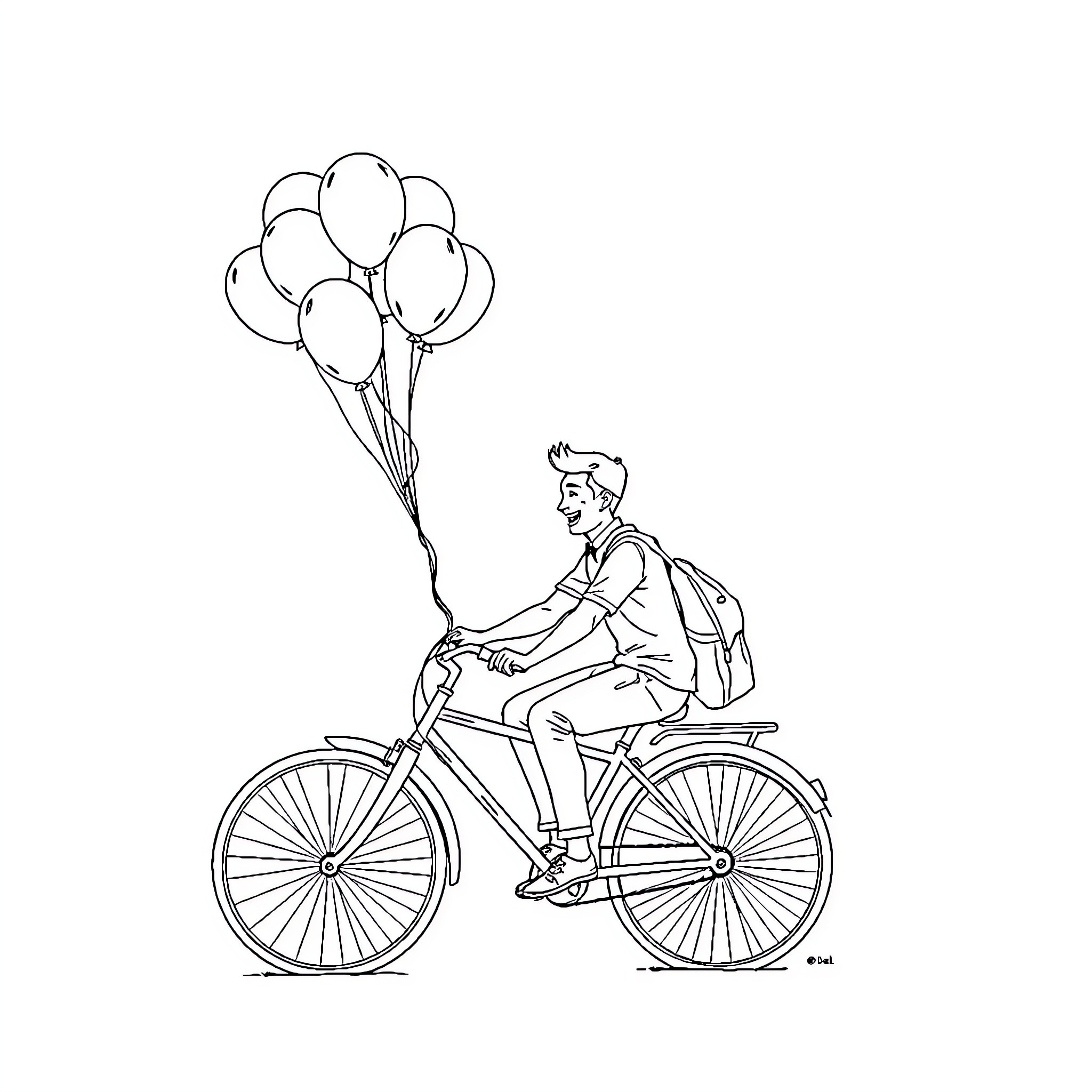 Man riding bicycle with balloons Coloring Page (free black-and-white line drawing printable PDF for all, from beginners to advanced learners, including children, teens, adults, and seniors)