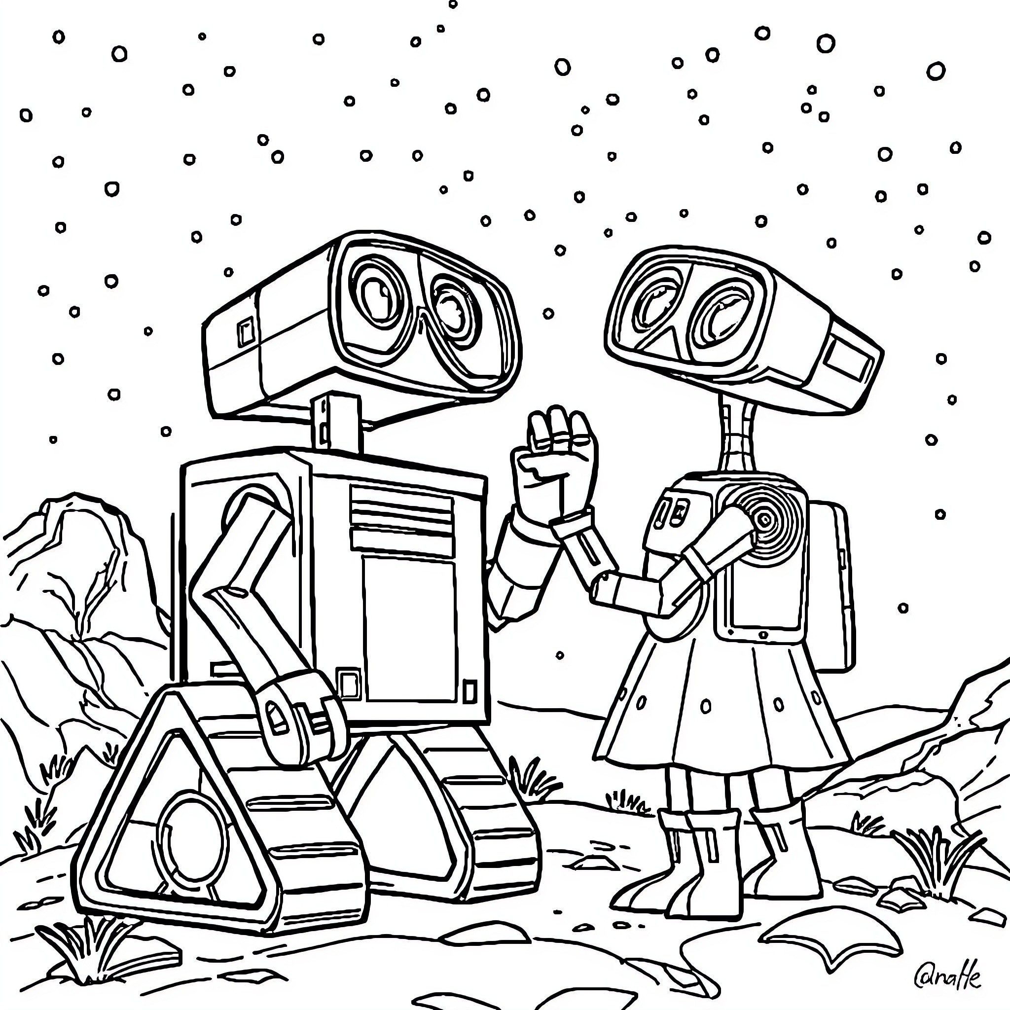 Wall-E exploring the wasteland with EVE Coloring Page (free black-and-white line drawing printable PDF for all, from beginners to advanced learners, including children, teens, adults, and seniors)