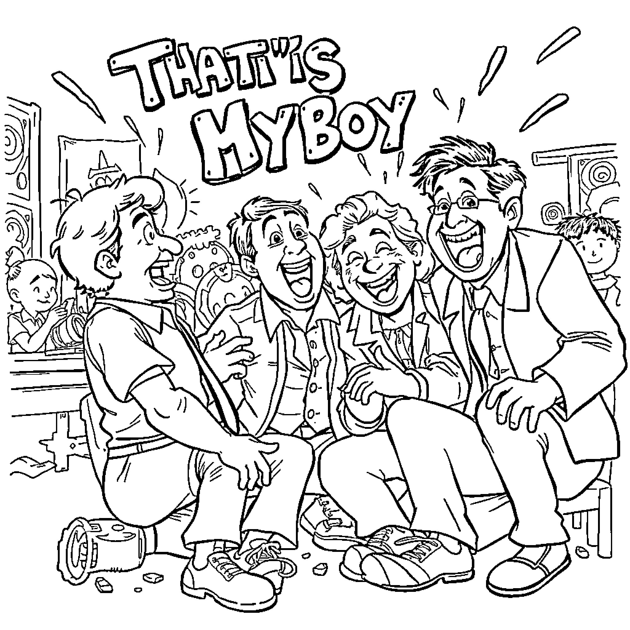That's My Boy: Laughing and Joking with Friends Coloring Page (free black-and-white line drawing printable PDF for all, from beginners to advanced learners, including children, teens, adults, and seniors)