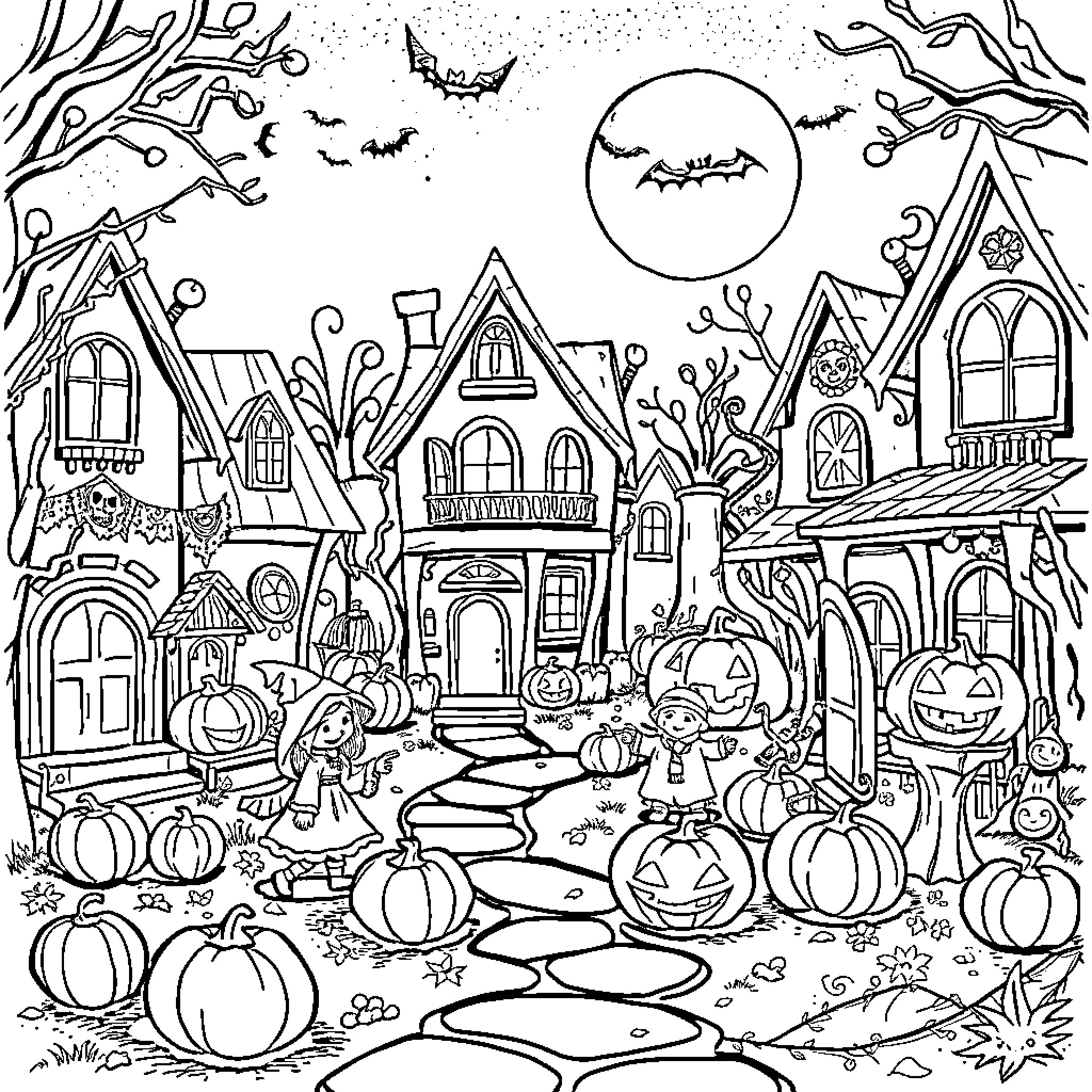 Halloween Spooky Neighborhood with Trick-or-Treaters Coloring Page (free black-and-white line drawing printable PDF for all, from beginners to advanced learners, including children, teens, adults, and seniors)