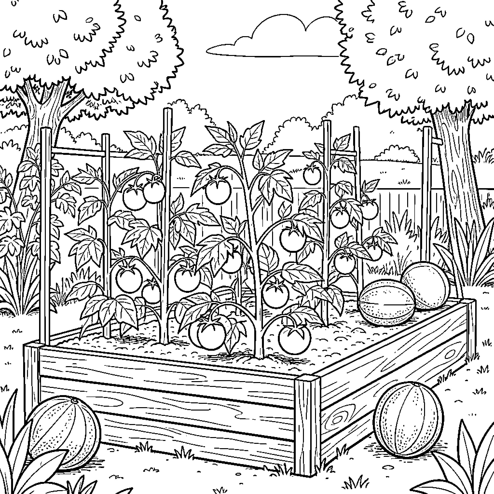 Garden plants growing abundantly in a raised wooden bed Coloring Page (free black-and-white line drawing printable PDF for all, from beginners to advanced learners, including children, teens, adults, and seniors)