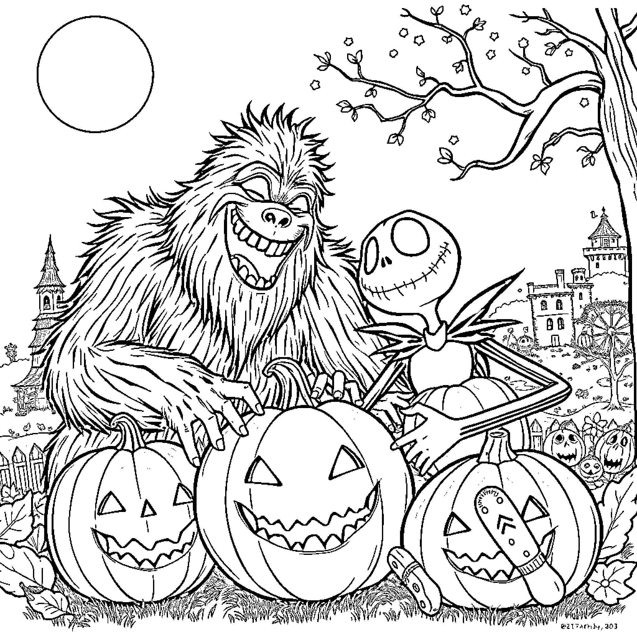 Bigfoot Celebrating Halloween with Pumpkins and Castles Coloring Page (free black-and-white line drawing printable PDF for all, from beginners to advanced learners, including children, teens, adults, and seniors)