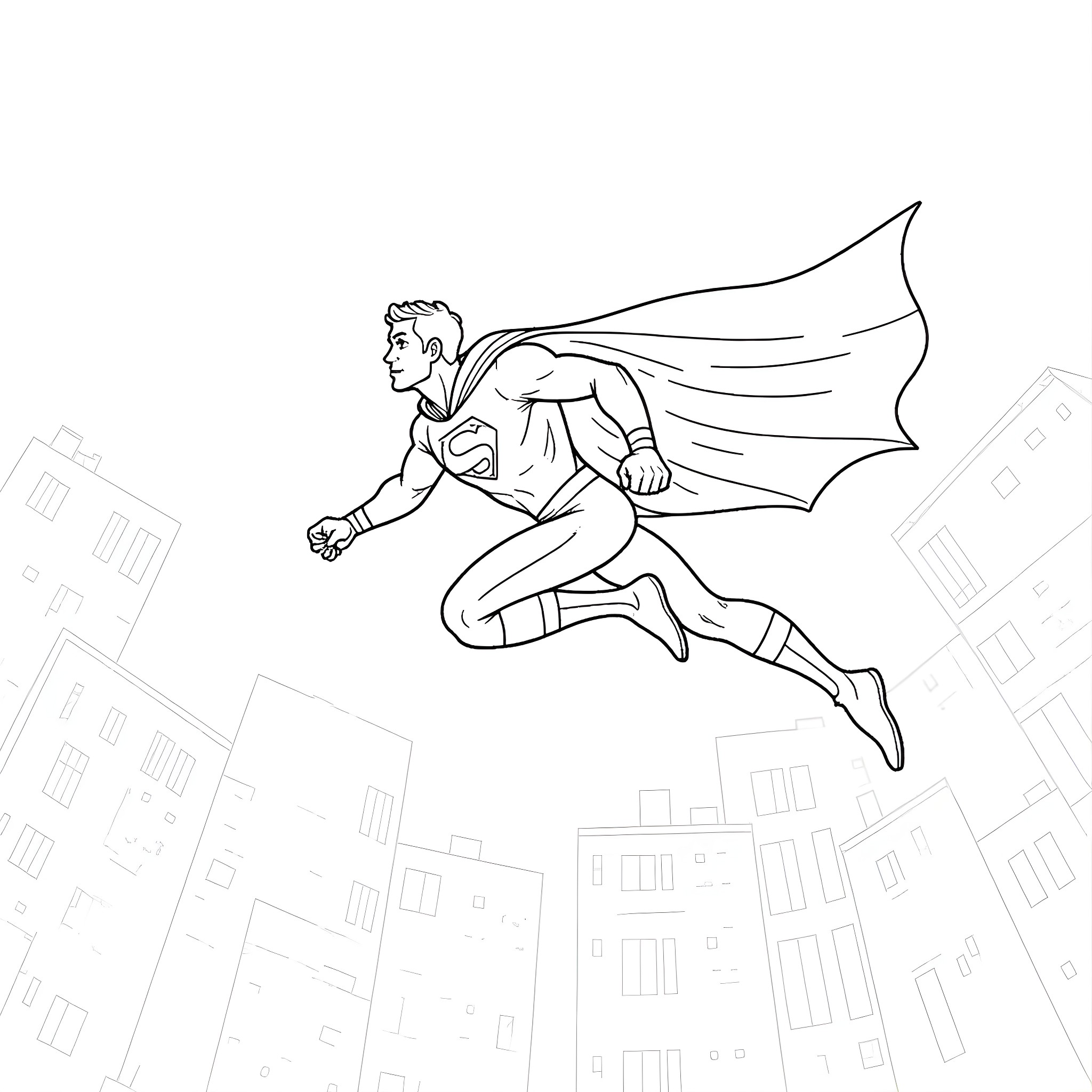 Superman heroically soaring over the city Coloring Page (free black-and-white line drawing printable PDF for all, from beginners to advanced learners, including children, teens, adults, and seniors)