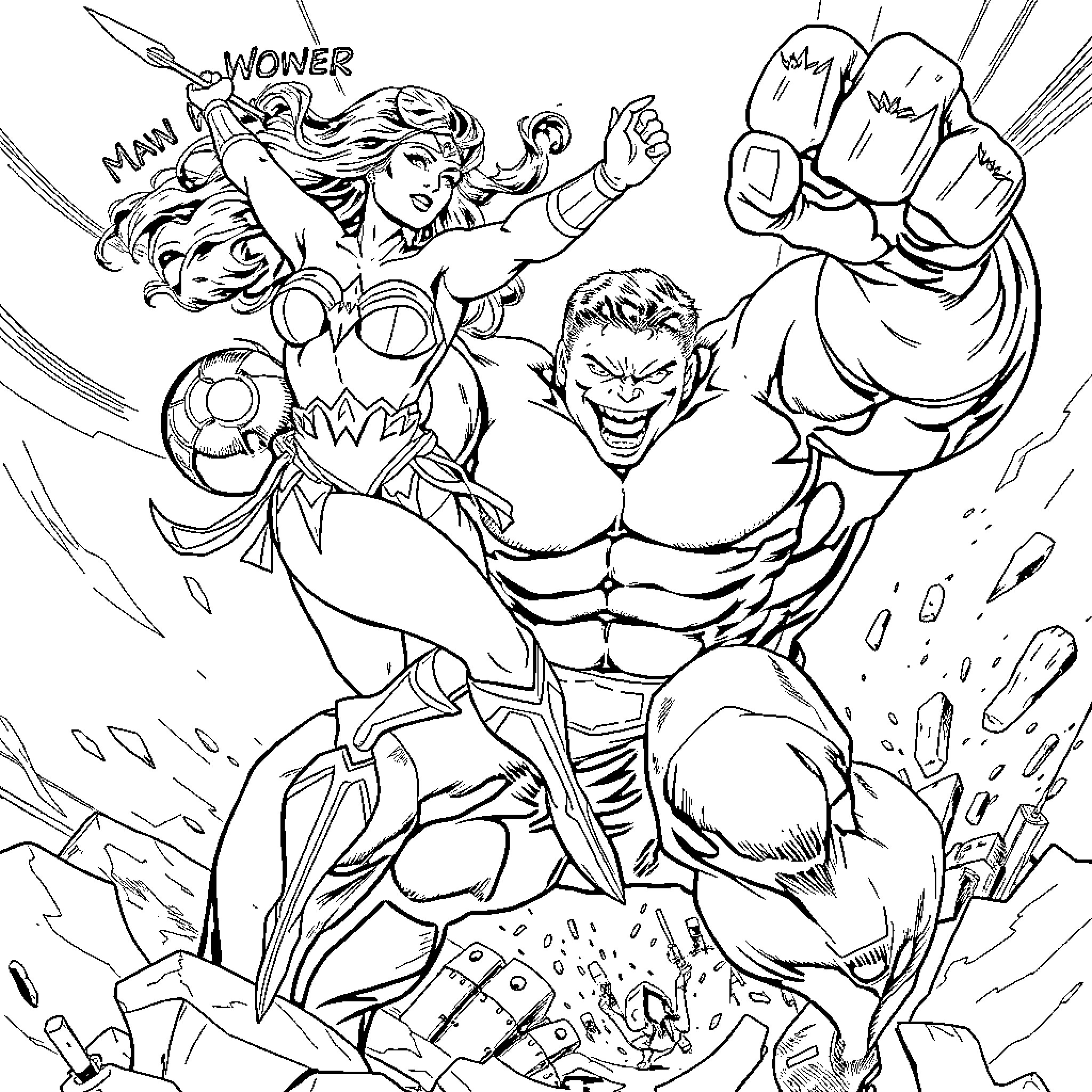 Wonder Woman battling powerful enemies in heroic stance Coloring Page (free black-and-white line drawing printable PDF for all, from beginners to advanced learners, including children, teens, adults, and seniors)