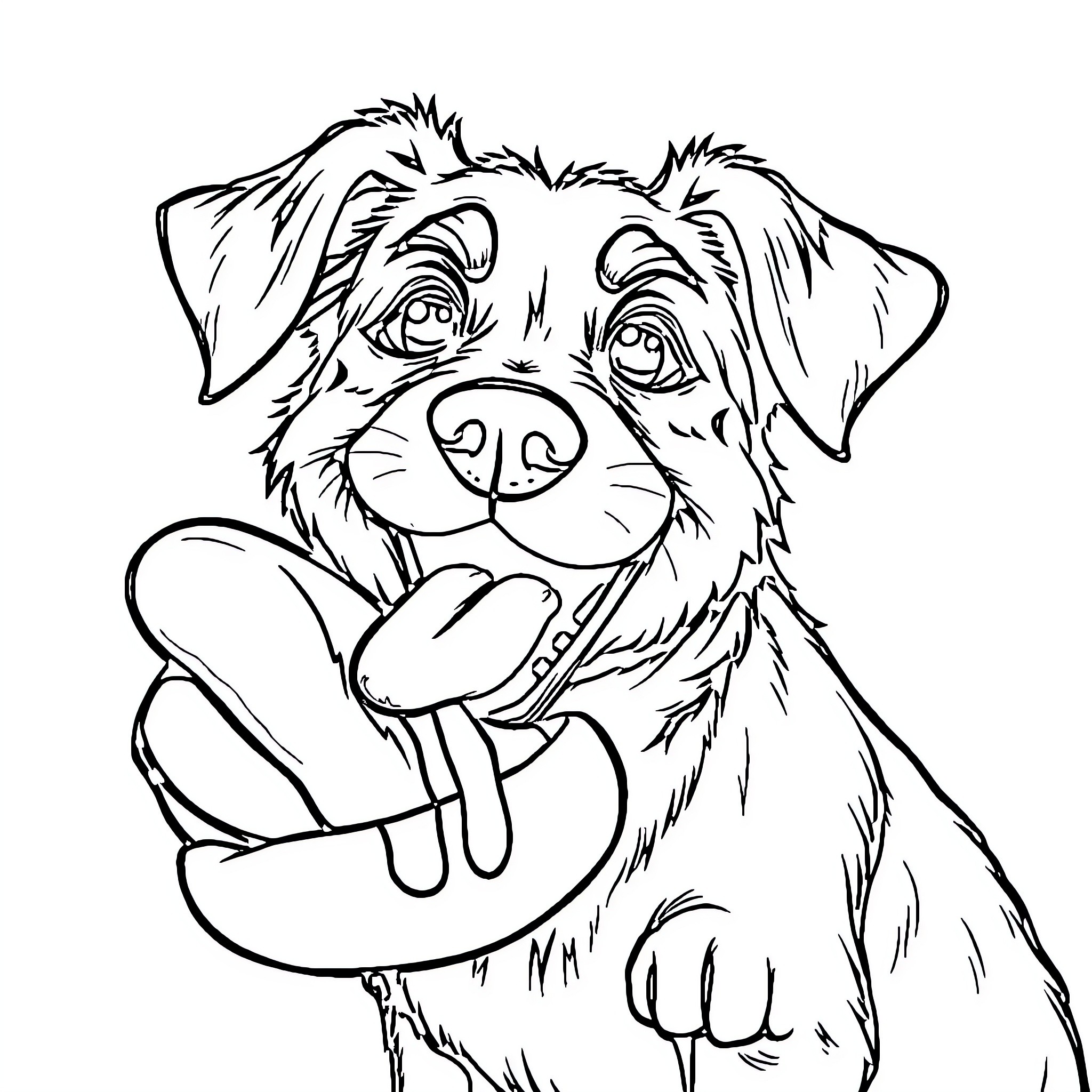 Dog joyfully holding a toy Coloring Page (free black-and-white line drawing printable PDF for all, from beginners to advanced learners, including children, teens, adults, and seniors)