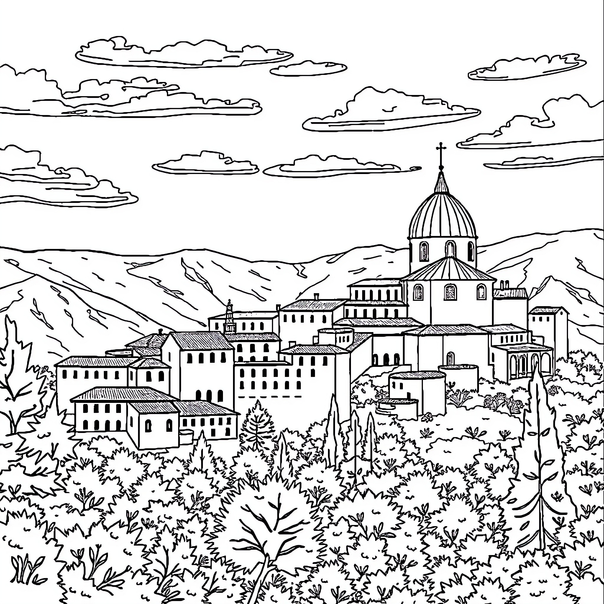 Bosnia: Charming town nestled in mountain landscape Coloring Page (free black-and-white line drawing printable PDF for all, from beginners to advanced learners, including children, teens, adults, and seniors)