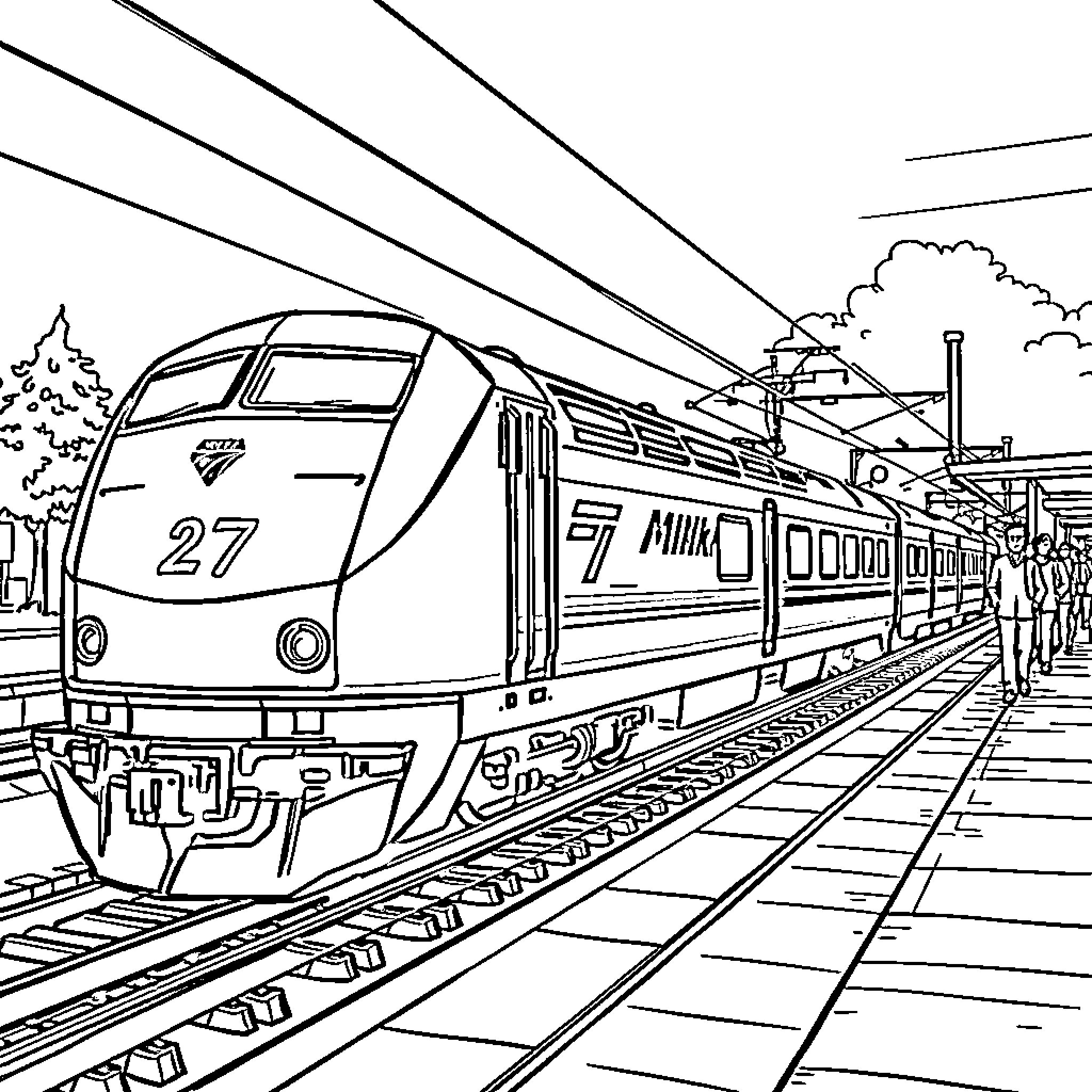 Train Arriving at the Station on a Sunny Day Coloring Page (free black-and-white line drawing printable PDF for all, from beginners to advanced learners, including children, teens, adults, and seniors)
