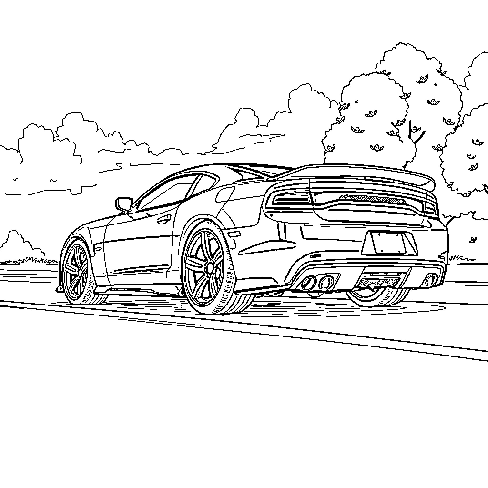 Dodge Muscle Car Speeding on Winding Road Coloring Page (free black-and-white line drawing printable PDF for all, from beginners to advanced learners, including children, teens, adults, and seniors)