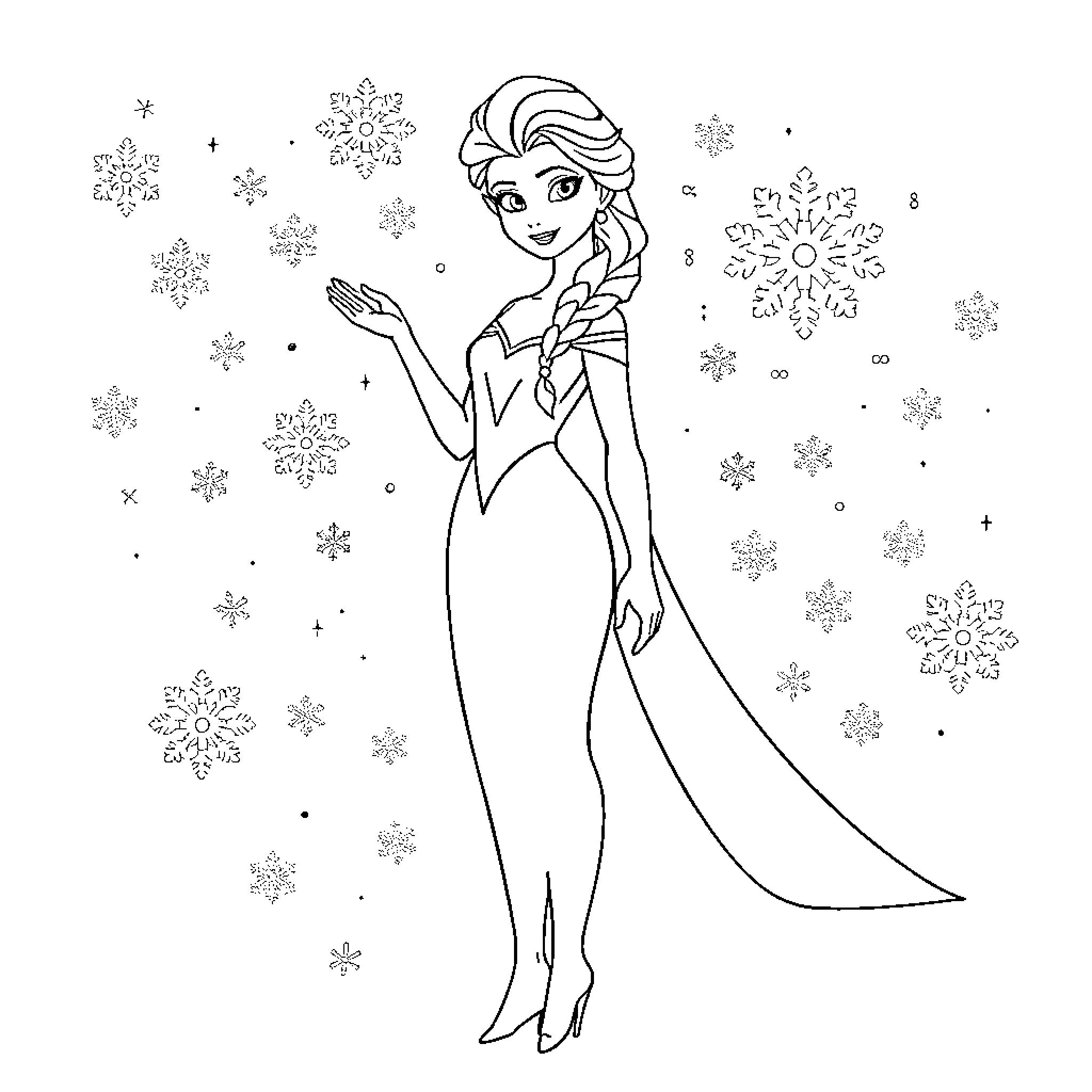 Elsa waving amidst snowflakes in a winter wonderland Coloring Page (free black-and-white line drawing printable PDF for all, from beginners to advanced learners, including children, teens, adults, and seniors)