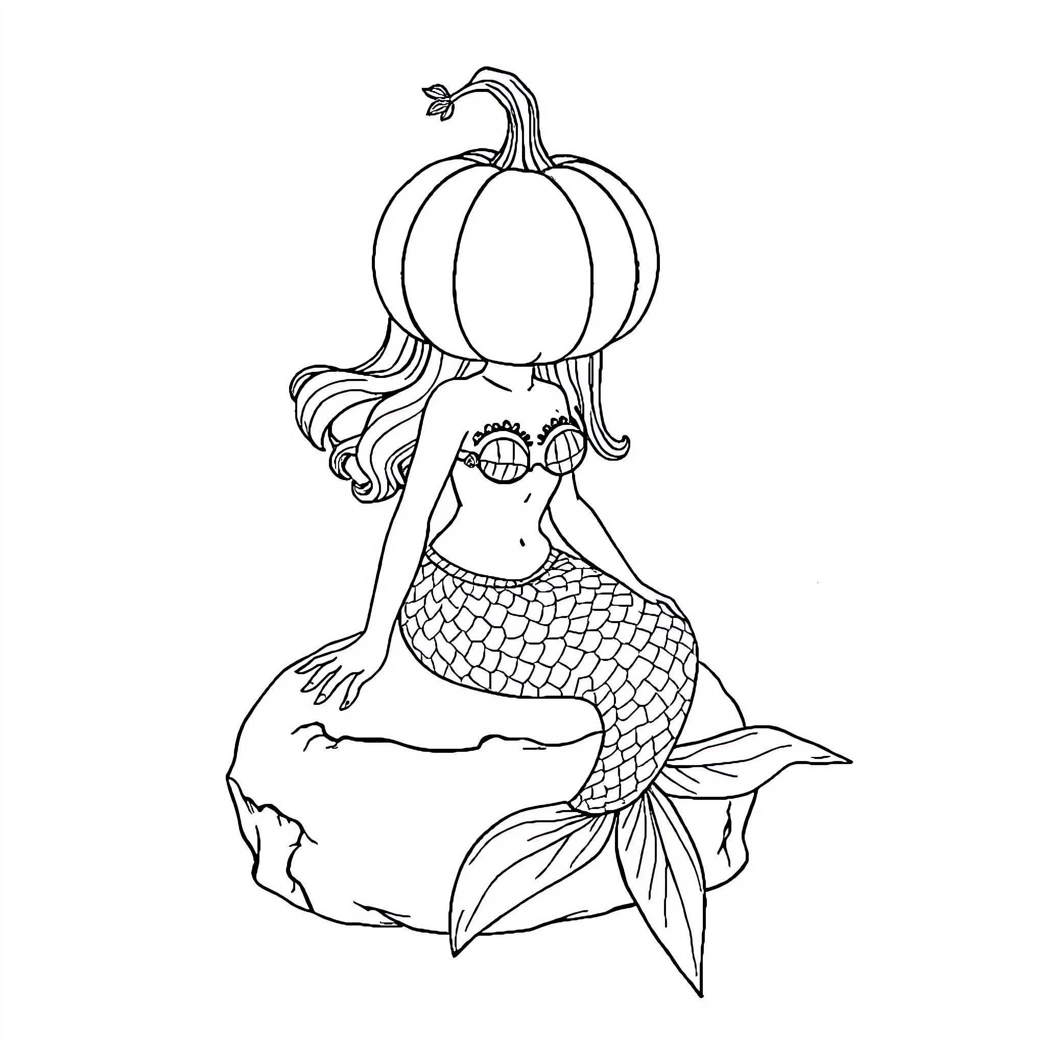 Pumpkin-headed mermaid swimming in the sea Coloring Page (free black-and-white line drawing printable PDF for all, from beginners to advanced learners, including children, teens, adults, and seniors)