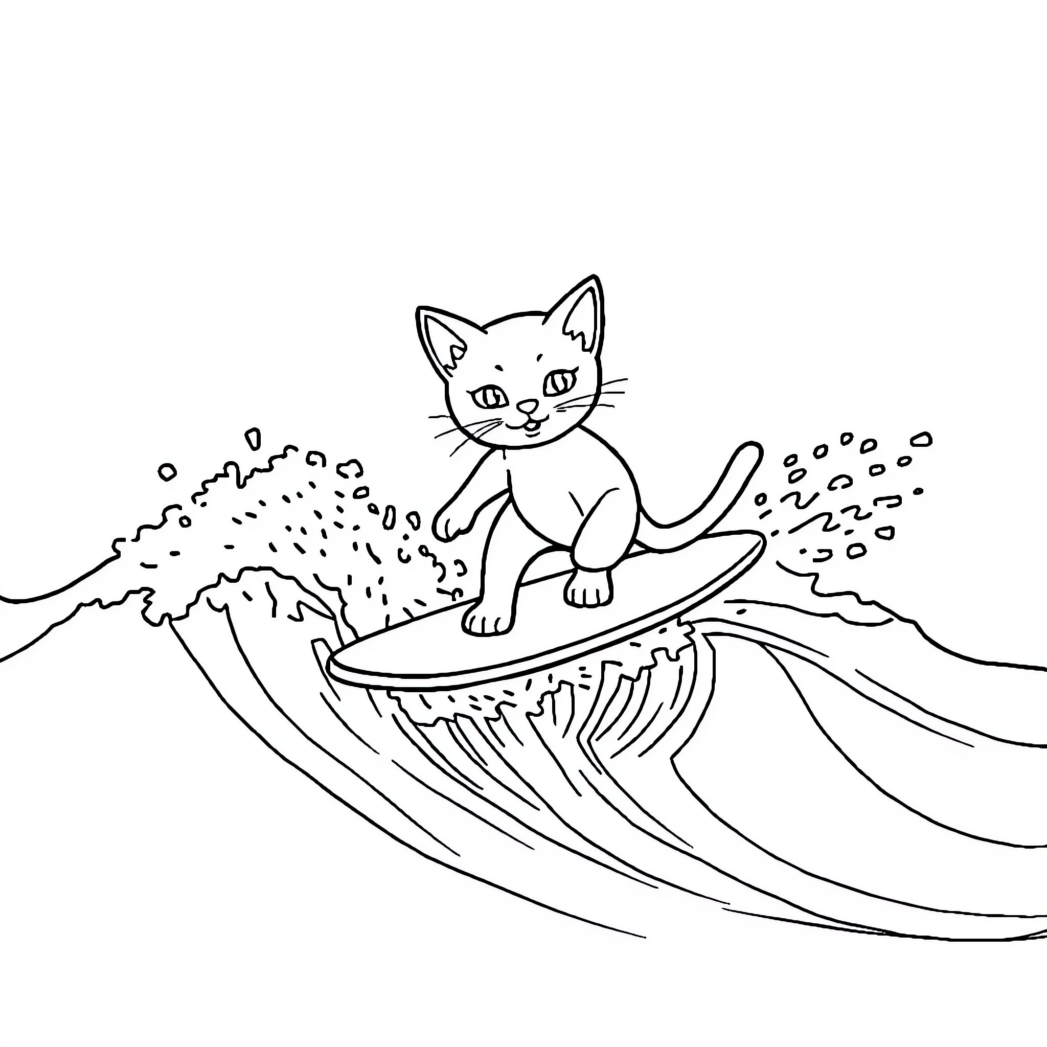 Gato surfing on wave in the ocean Coloring Page (free black-and-white line drawing printable PDF for all, from beginners to advanced learners, including children, teens, adults, and seniors)
