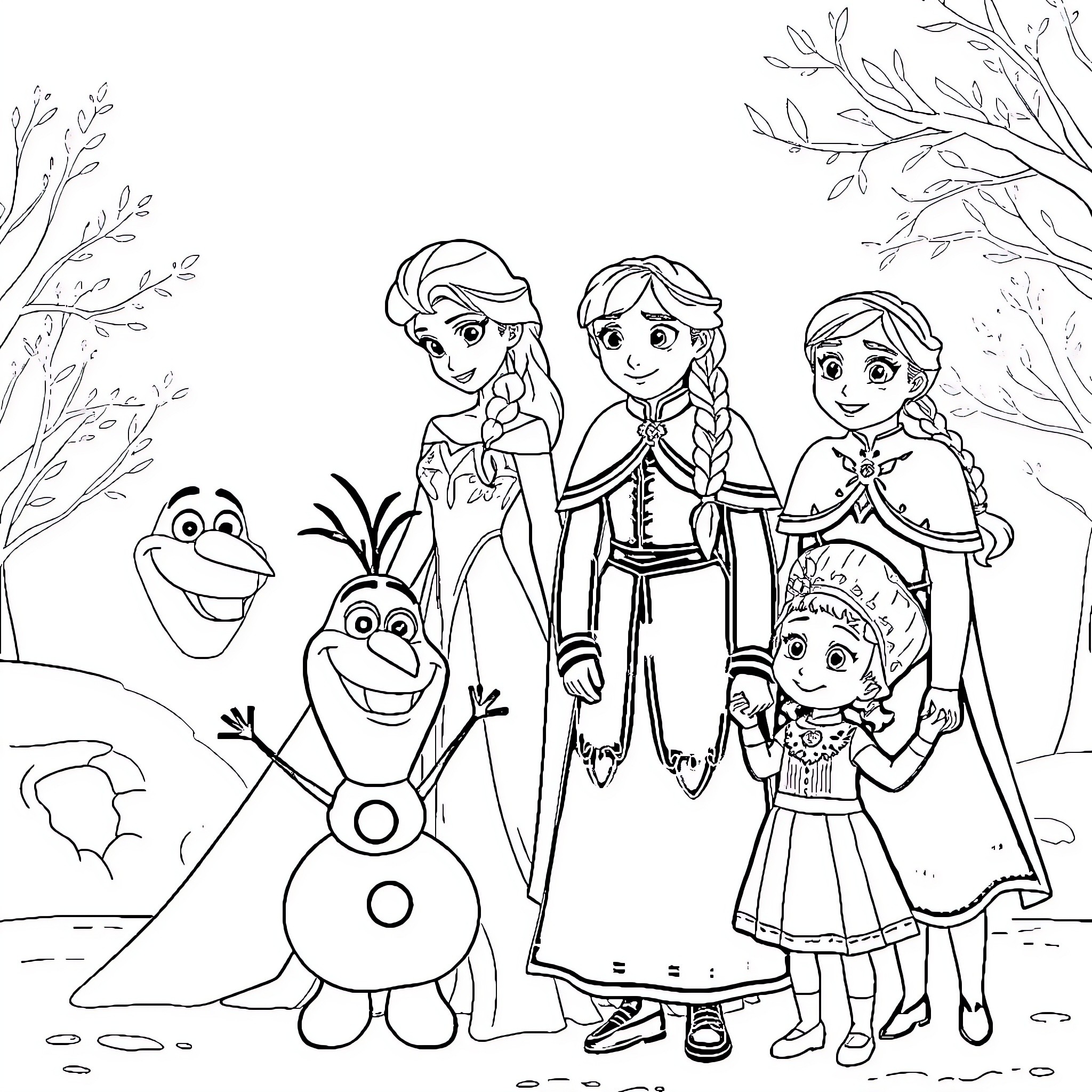 Elsa and her friends in a winter wonderland Coloring Page (free black-and-white line drawing printable PDF for all, from beginners to advanced learners, including children, teens, adults, and seniors)
