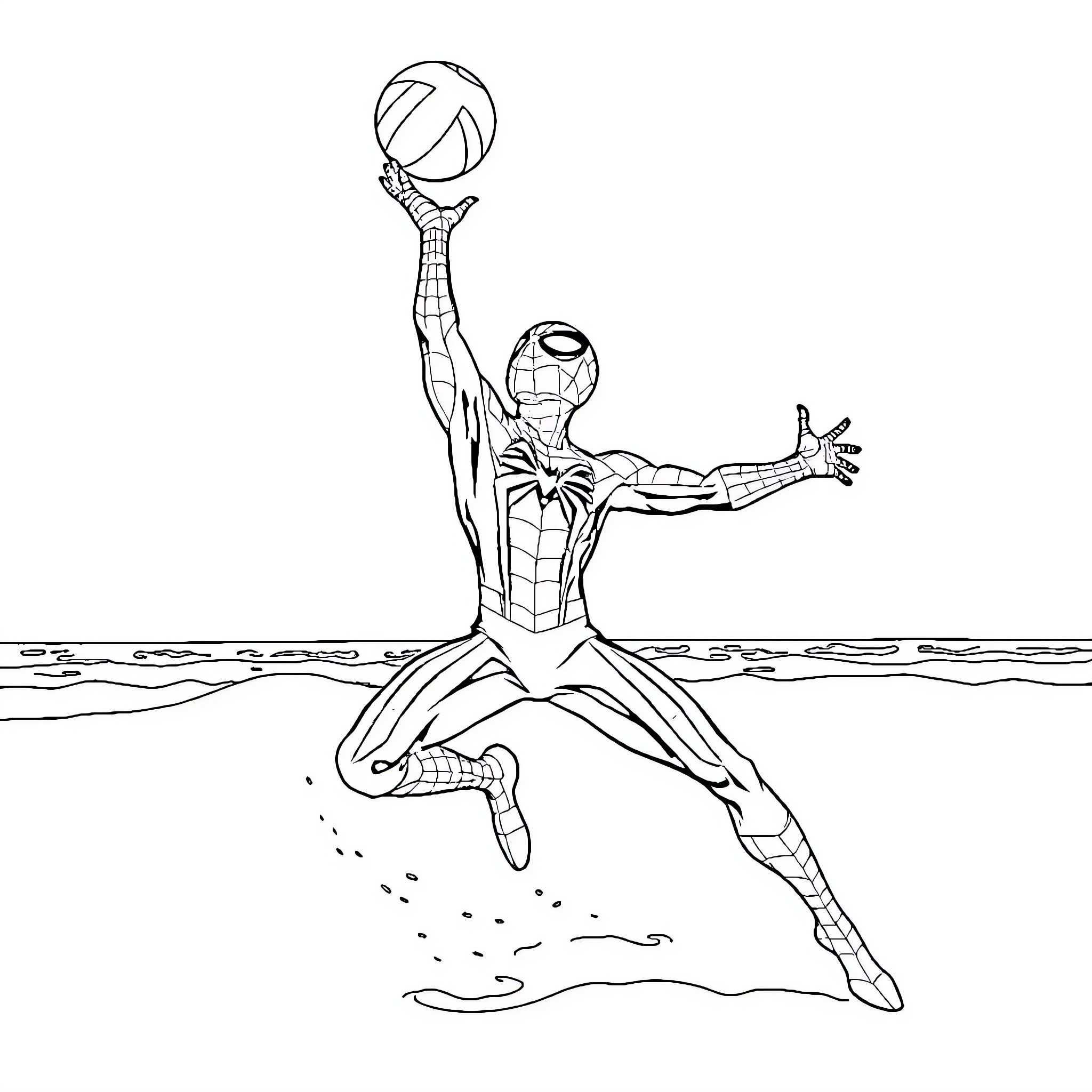 Spider-Man leaping and catching a basketball Coloring Page (free black-and-white line drawing printable PDF for all, from beginners to advanced learners, including children, teens, adults, and seniors)