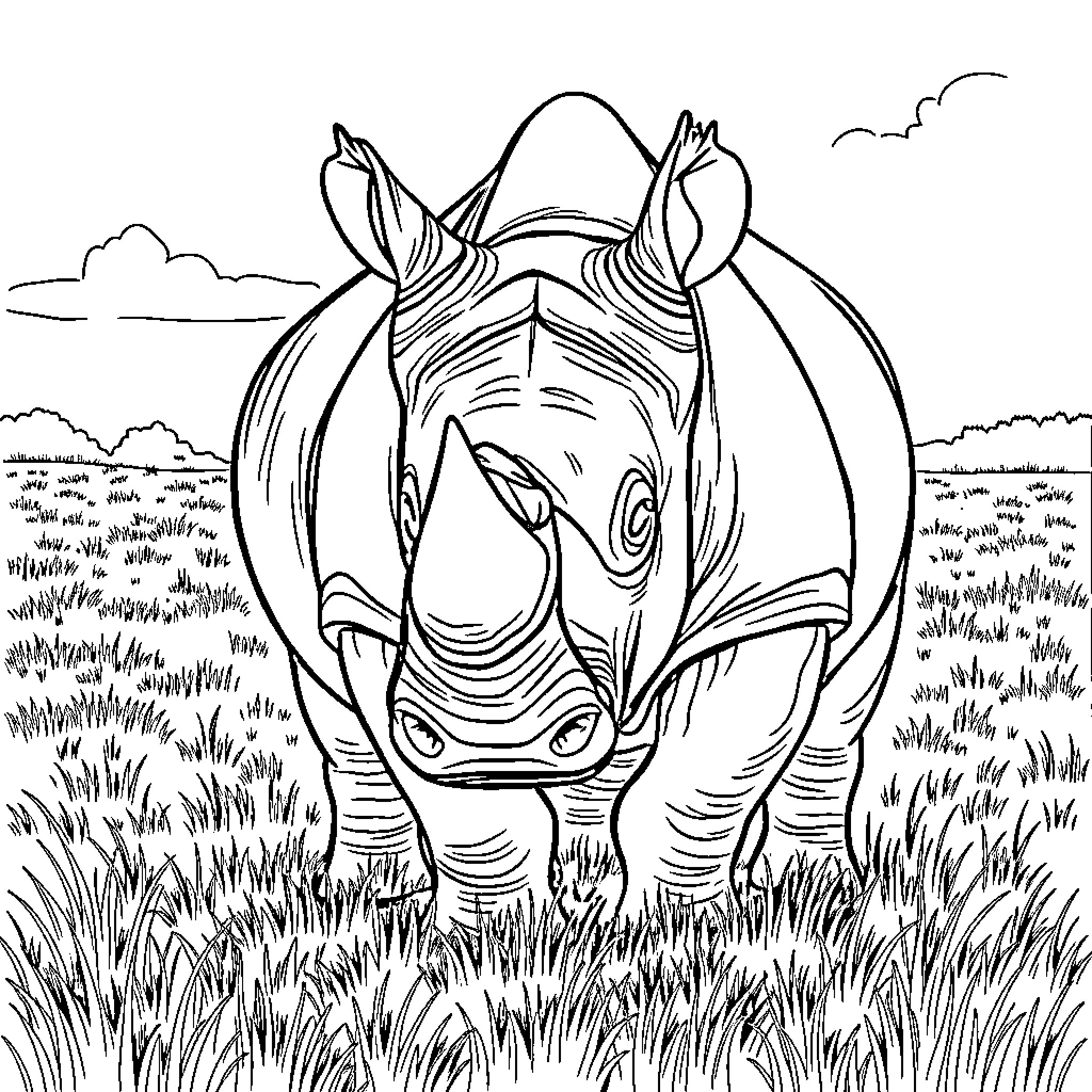 Rhinoceros standing attentively in the field Coloring Page (free black-and-white line drawing printable PDF for all, from beginners to advanced learners, including children, teens, adults, and seniors)