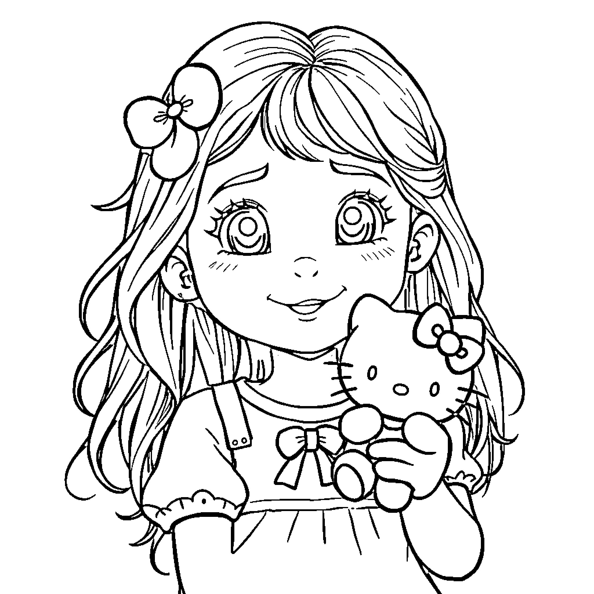 Girl holding a cute stuffed toy with a smile Coloring Page (free black-and-white line drawing printable PDF for all, from beginners to advanced learners, including children, teens, adults, and seniors)