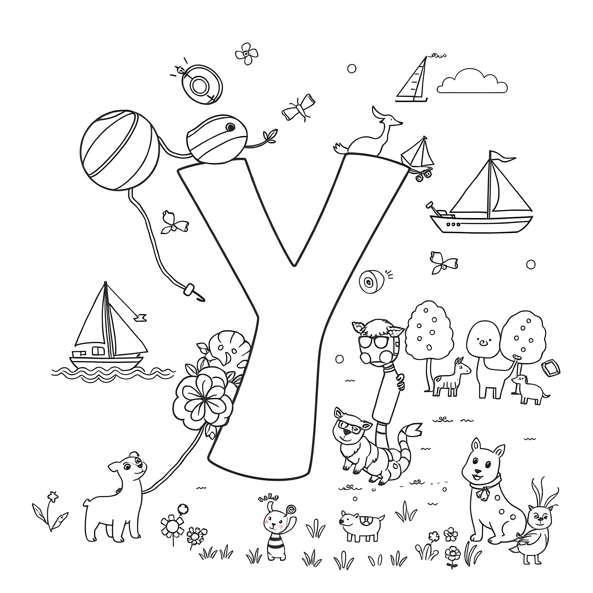 Letter Y with playful elements and nature scenes Coloring Page (free black-and-white line drawing printable PDF for all, from beginners to advanced learners, including children, teens, adults, and seniors)