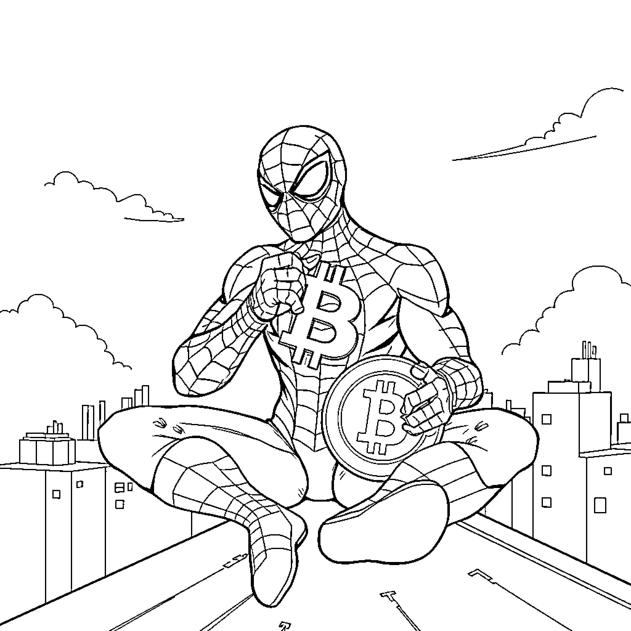 Spiderman showcasing Bitcoin in the city Coloring Page (free black-and-white line drawing printable PDF for all, from beginners to advanced learners, including children, teens, adults, and seniors)