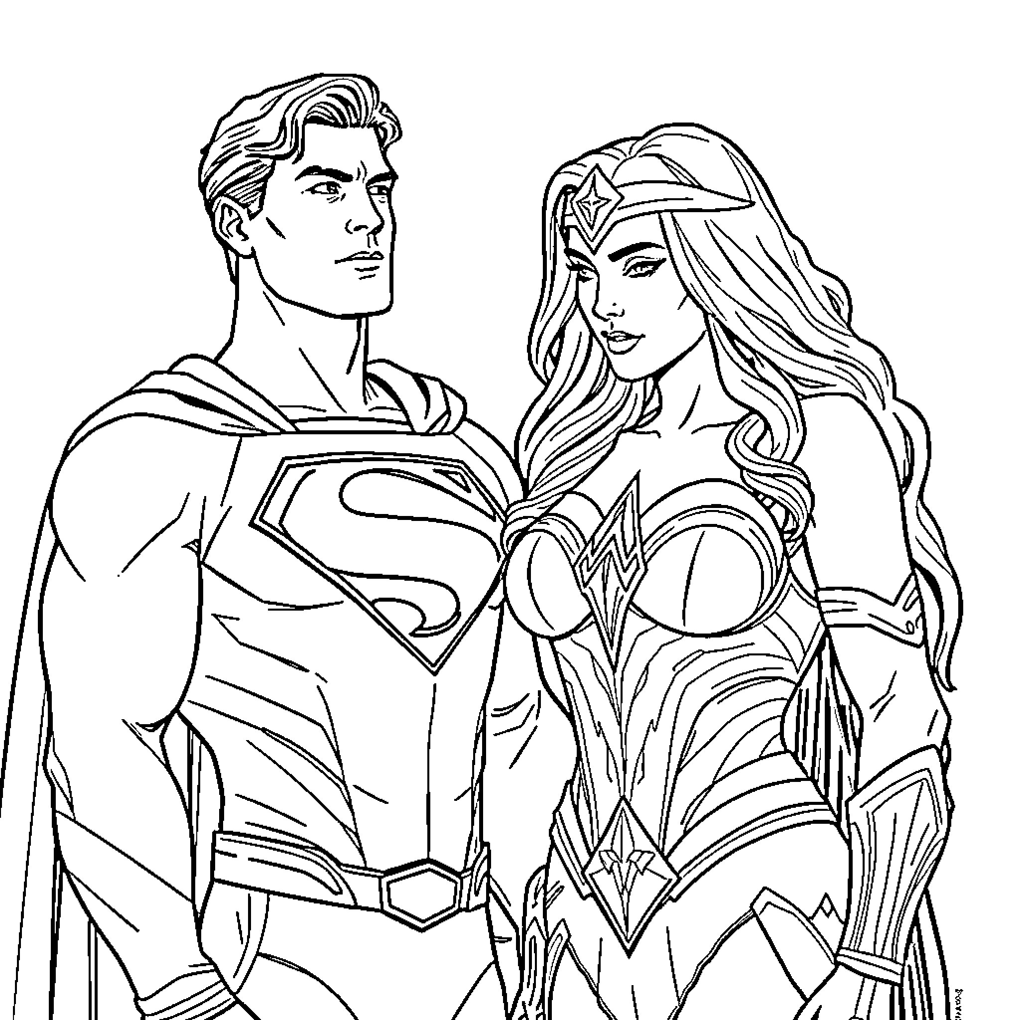 Superman and Wonder Woman in heroic poses Coloring Page (free black-and-white line drawing printable PDF for all, from beginners to advanced learners, including children, teens, adults, and seniors)