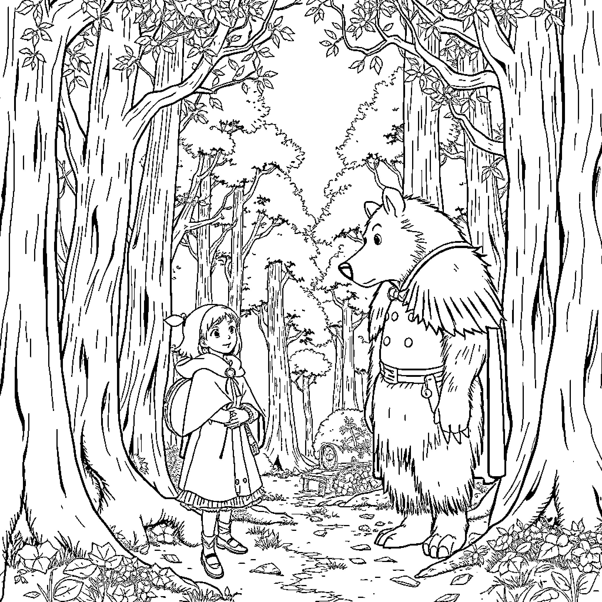 Allerleirauh: A Girl and a Furry Companion in the Enchanted Forest Coloring Page (free black-and-white line drawing printable PDF for all, from beginners to advanced learners, including children, teens, adults, and seniors)