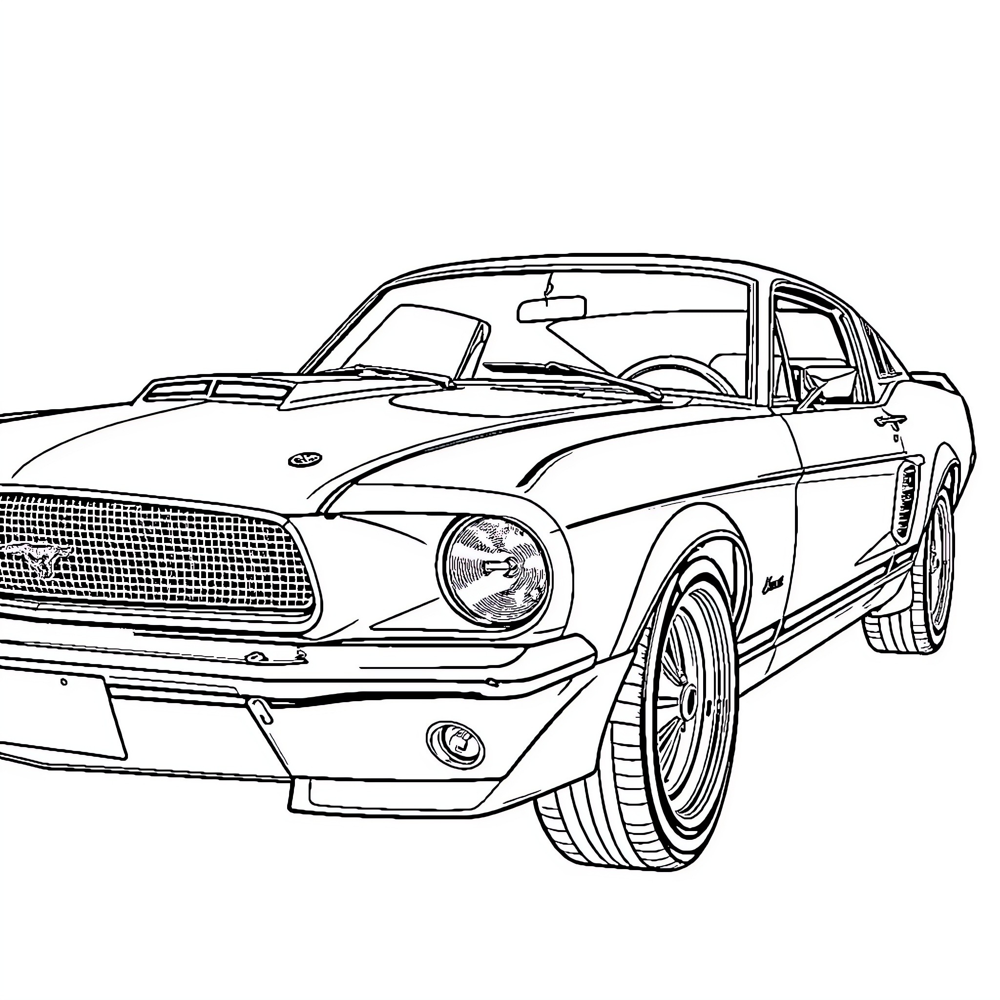 Foxbody Mustang on the road Coloring Page (free black-and-white line drawing printable PDF for all, from beginners to advanced learners, including children, teens, adults, and seniors)