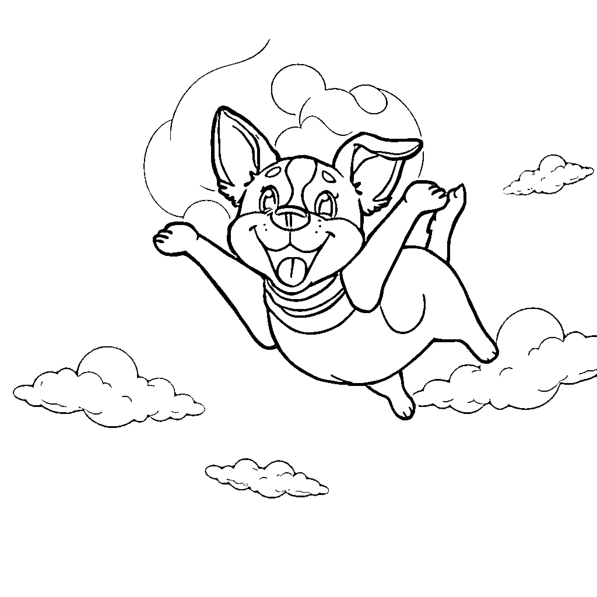 Dog jumping with joy in the clouds Coloring Page (free black-and-white line drawing printable PDF for all, from beginners to advanced learners, including children, teens, adults, and seniors)