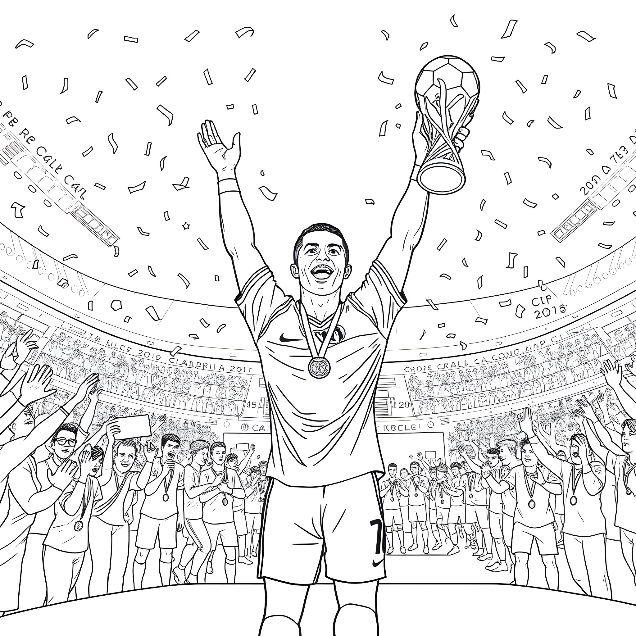 Cristiano Ronaldo Celebrating Victory with Trophy Coloring Page (free black-and-white line drawing printable PDF for all, from beginners to advanced learners, including children, teens, adults, and seniors)