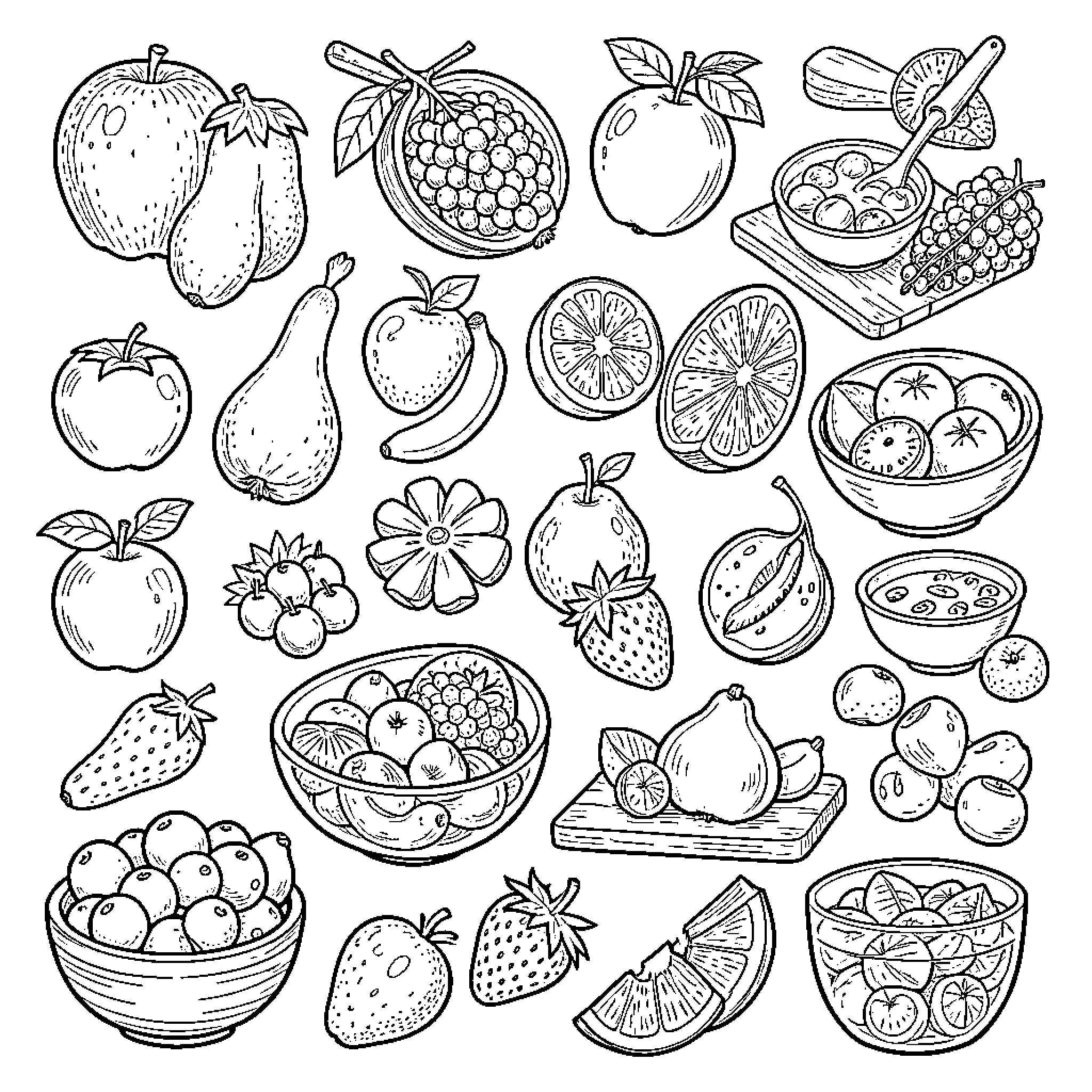 Fruit illustrations with various actions and scenes Coloring Page (free black-and-white line drawing printable PDF for all, from beginners to advanced learners, including children, teens, adults, and seniors)