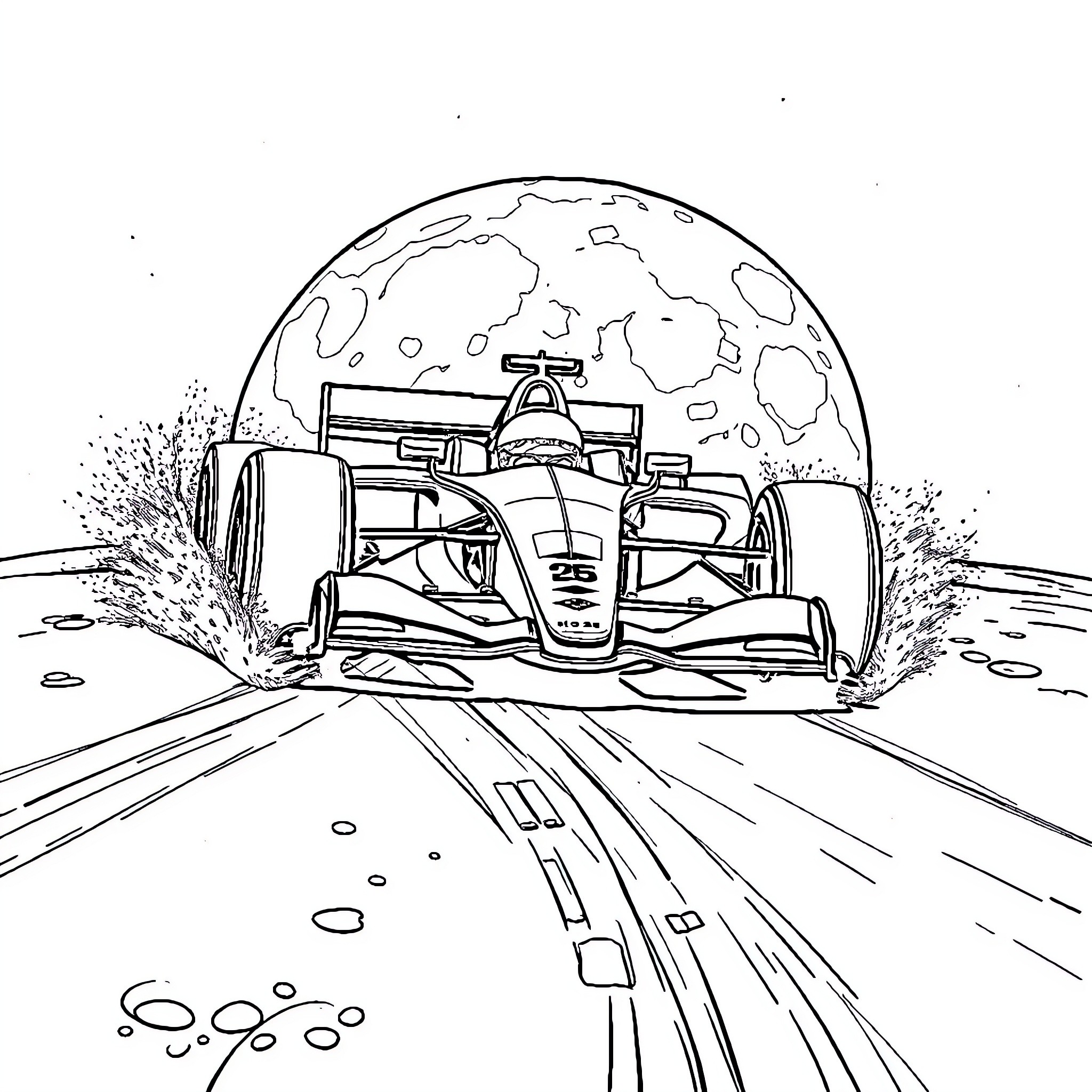 Formula 1 Racing Car Speeding on Track at Night Coloring Page (free black-and-white line drawing printable PDF for all, from beginners to advanced learners, including children, teens, adults, and seniors)