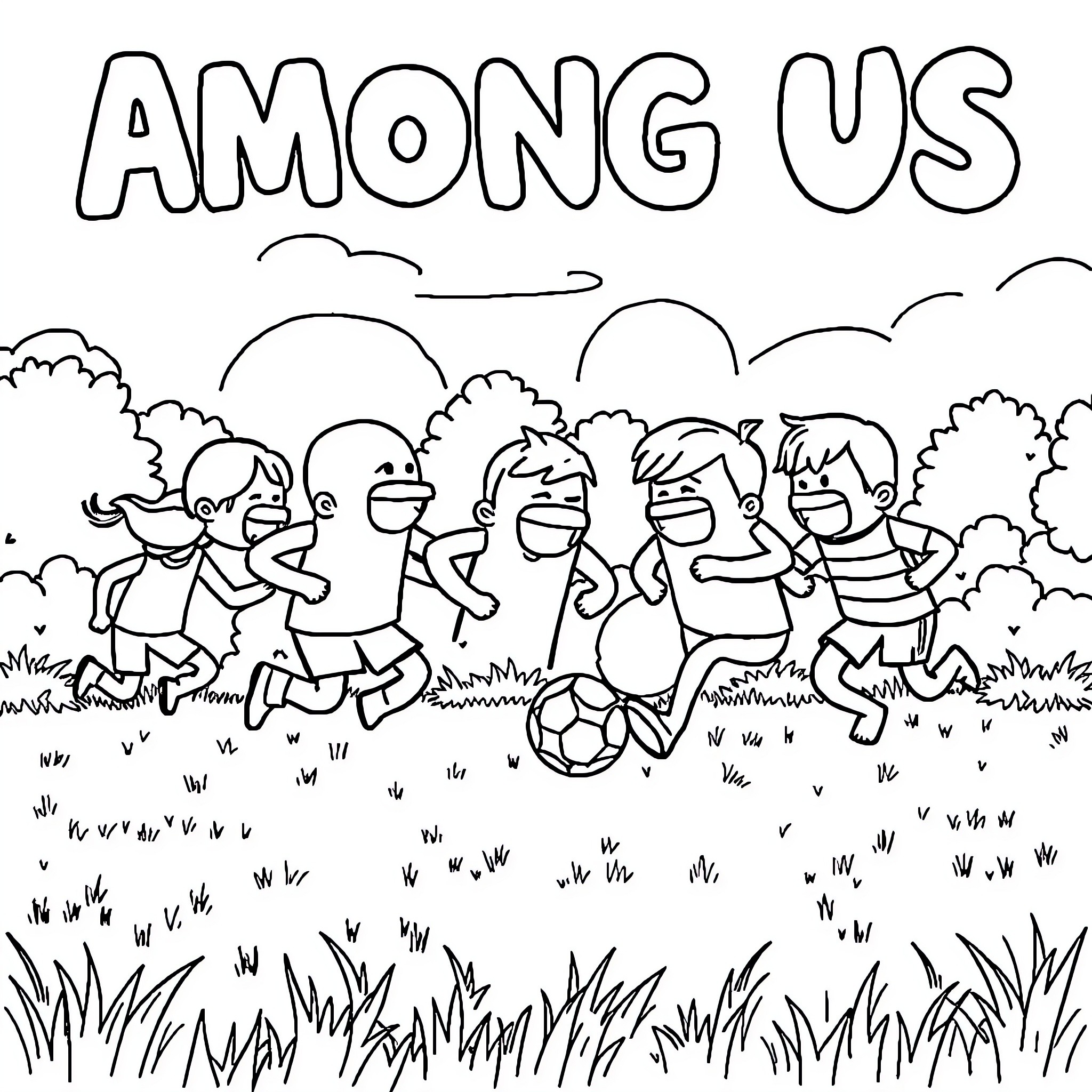 Among Us Characters Playing Soccer Outdoors Coloring Page (free black-and-white line drawing printable PDF for all, from beginners to advanced learners, including children, teens, adults, and seniors)