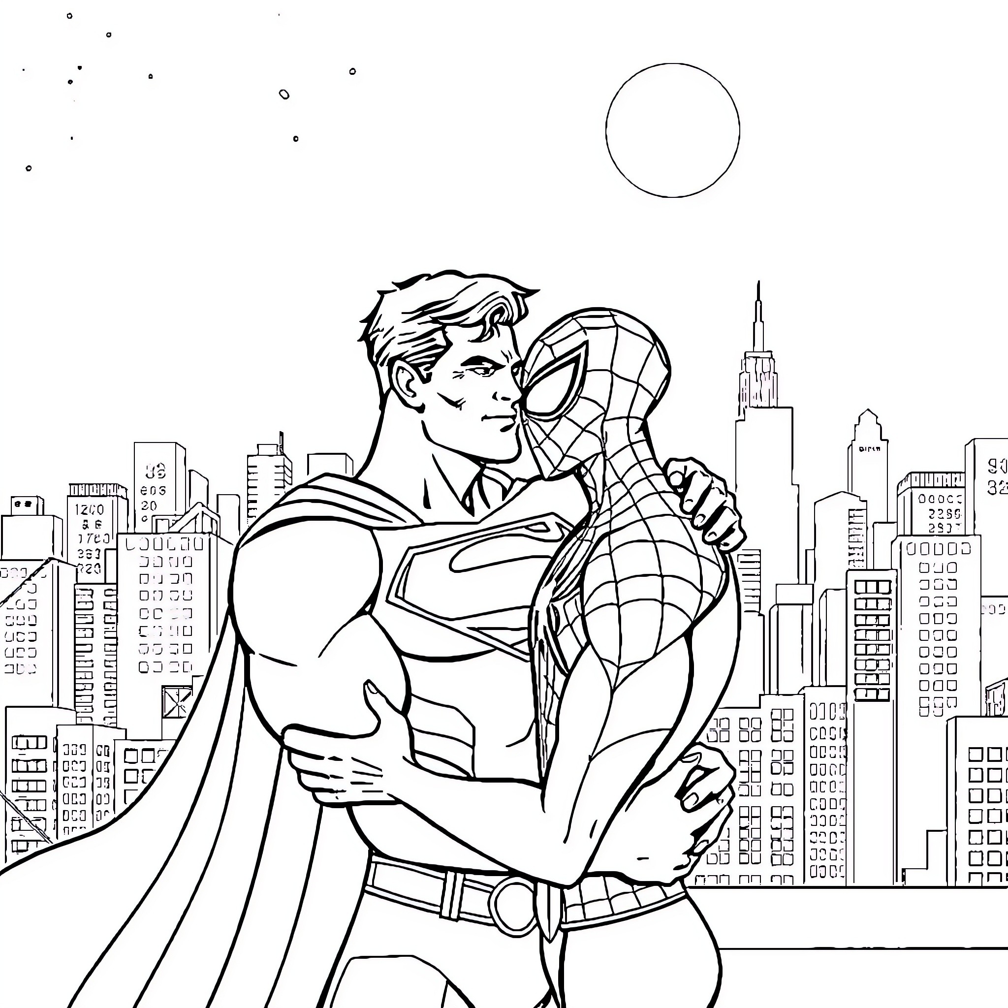Superman heroically saving the city Coloring Page (free black-and-white line drawing printable PDF for all, from beginners to advanced learners, including children, teens, adults, and seniors)