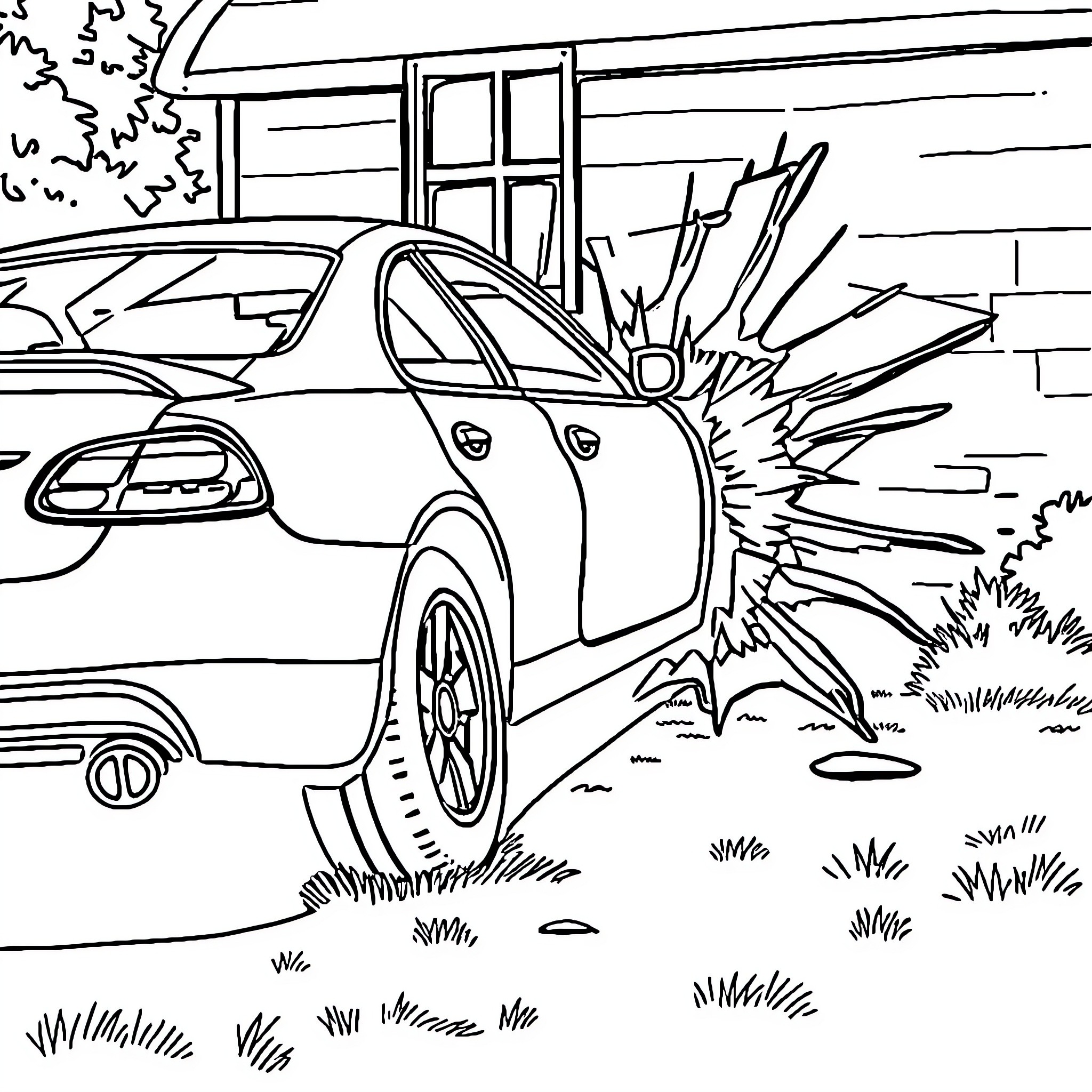 Car crash into broken window Coloring Page (free black-and-white line drawing printable PDF for all, from beginners to advanced learners, including children, teens, adults, and seniors)