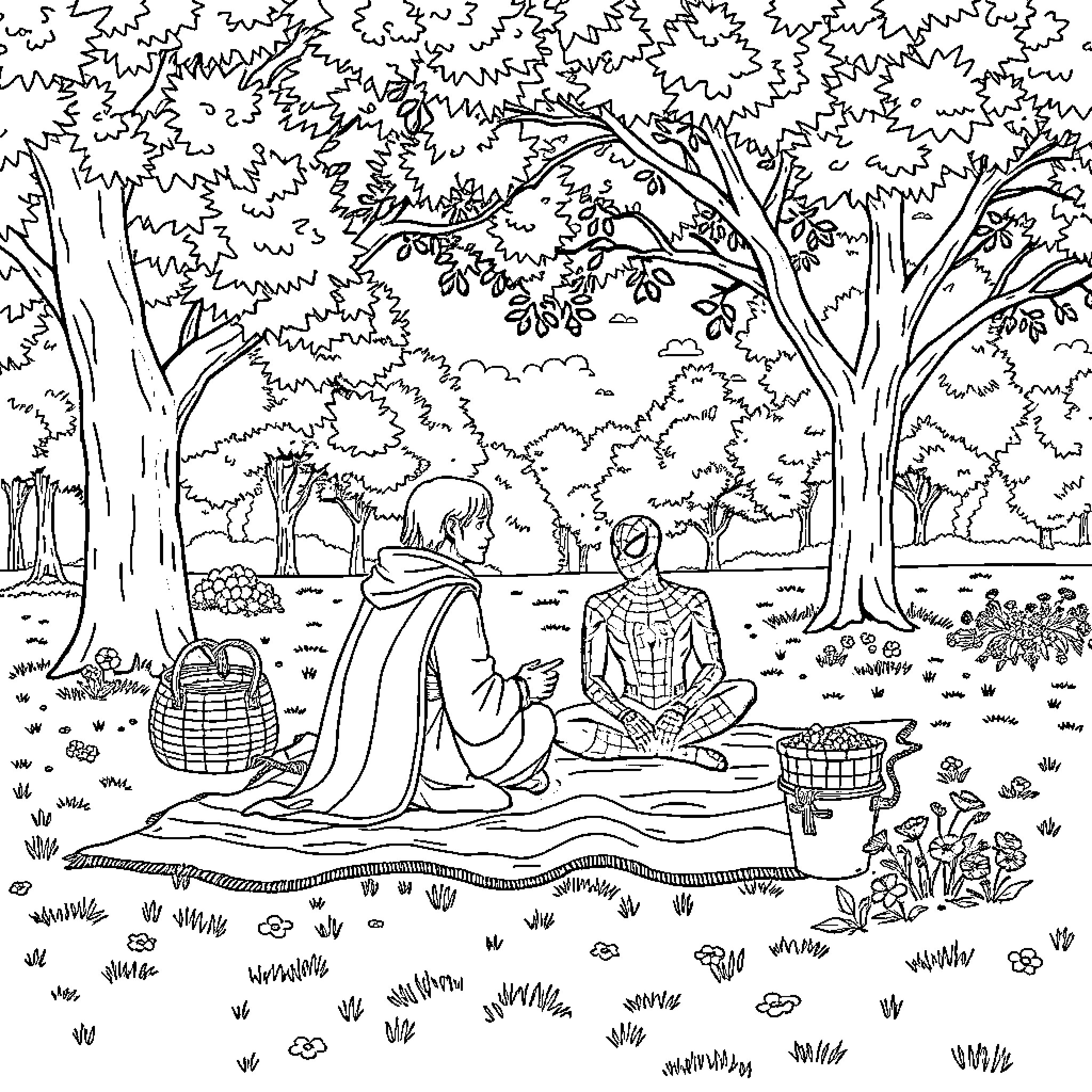 Obi-Wan's Serene Picnic with a Mysterious Companion Coloring Page (free black-and-white line drawing printable PDF for all, from beginners to advanced learners, including children, teens, adults, and seniors)