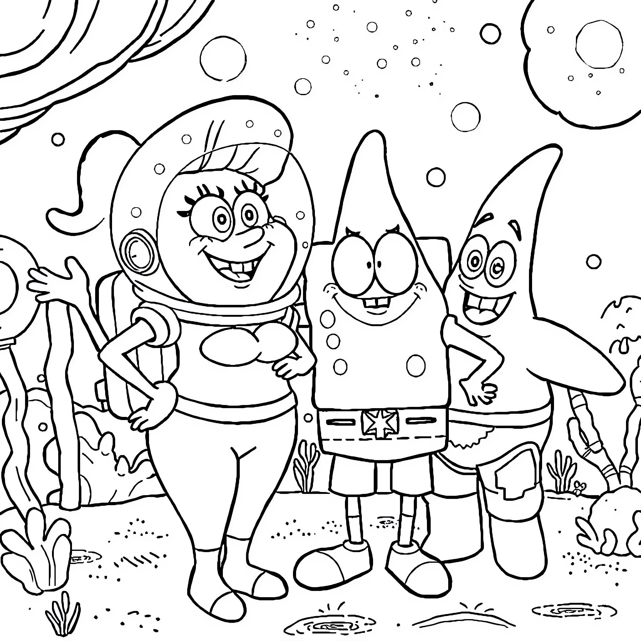 Sandy Cheeks and friends enjoy underwater adventures Coloring Page (free black-and-white line drawing printable PDF for all, from beginners to advanced learners, including children, teens, adults, and seniors)