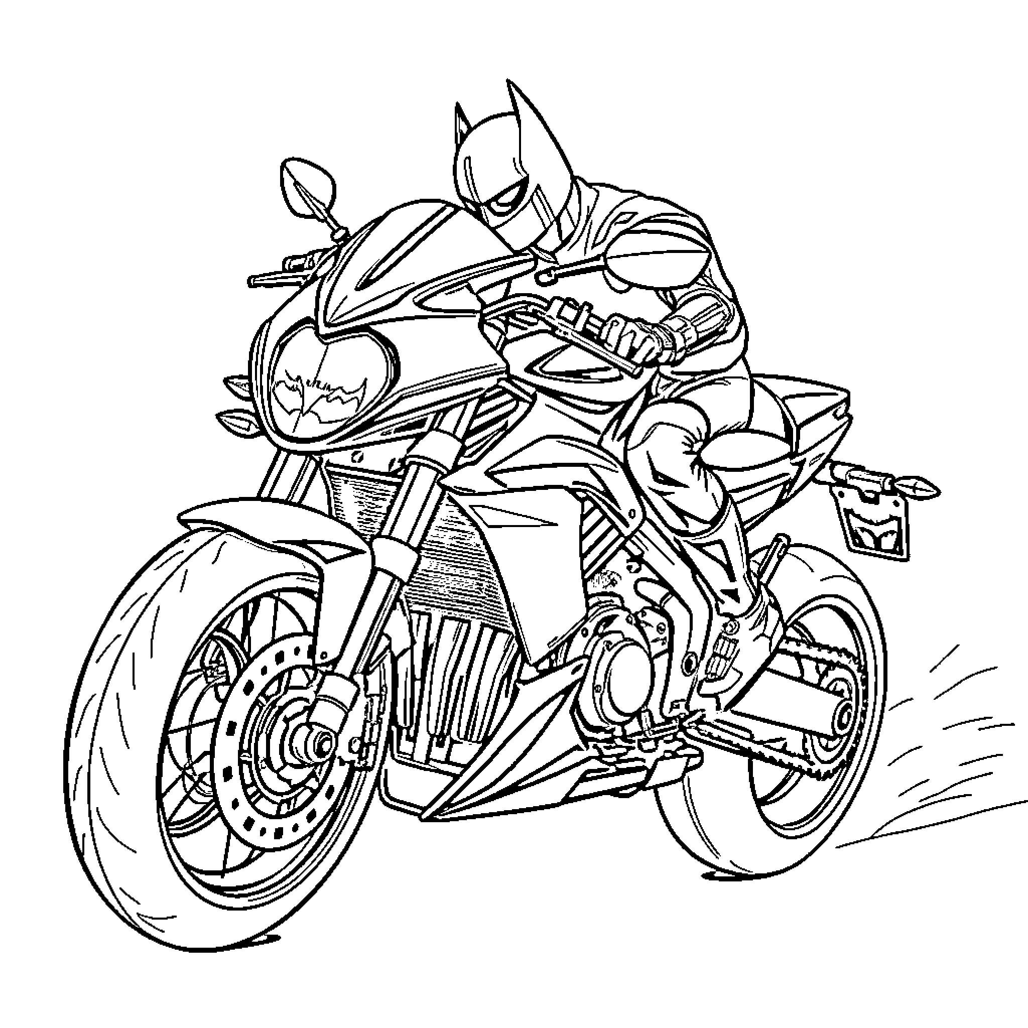 Batman Motorcycle Speedster Racing on the Road Coloring Page (free black-and-white line drawing printable PDF for all, from beginners to advanced learners, including children, teens, adults, and seniors)