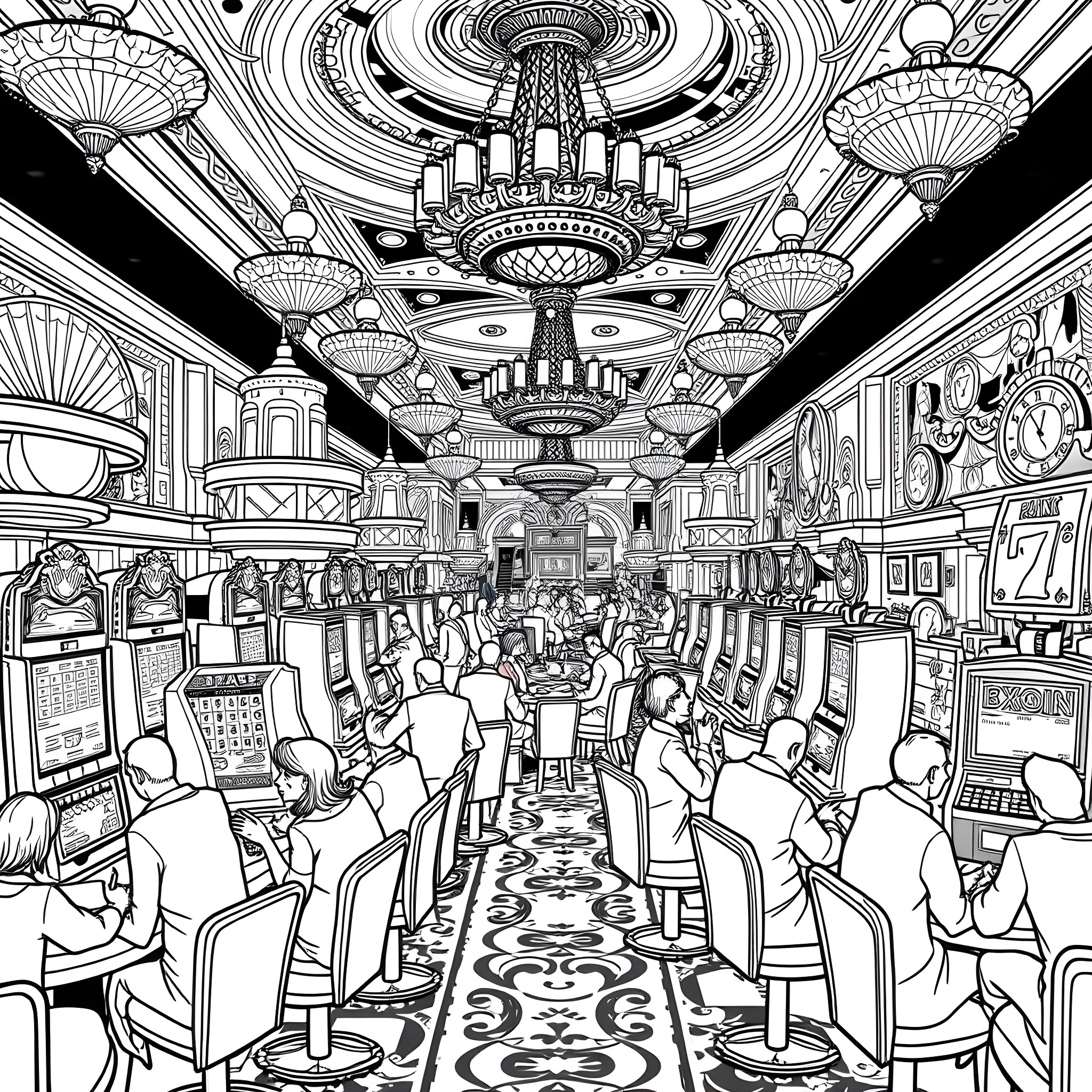 Admiral's Grand Ballroom Celebration Coloring Page (free black-and-white line drawing printable PDF for all, from beginners to advanced learners, including children, teens, adults, and seniors)