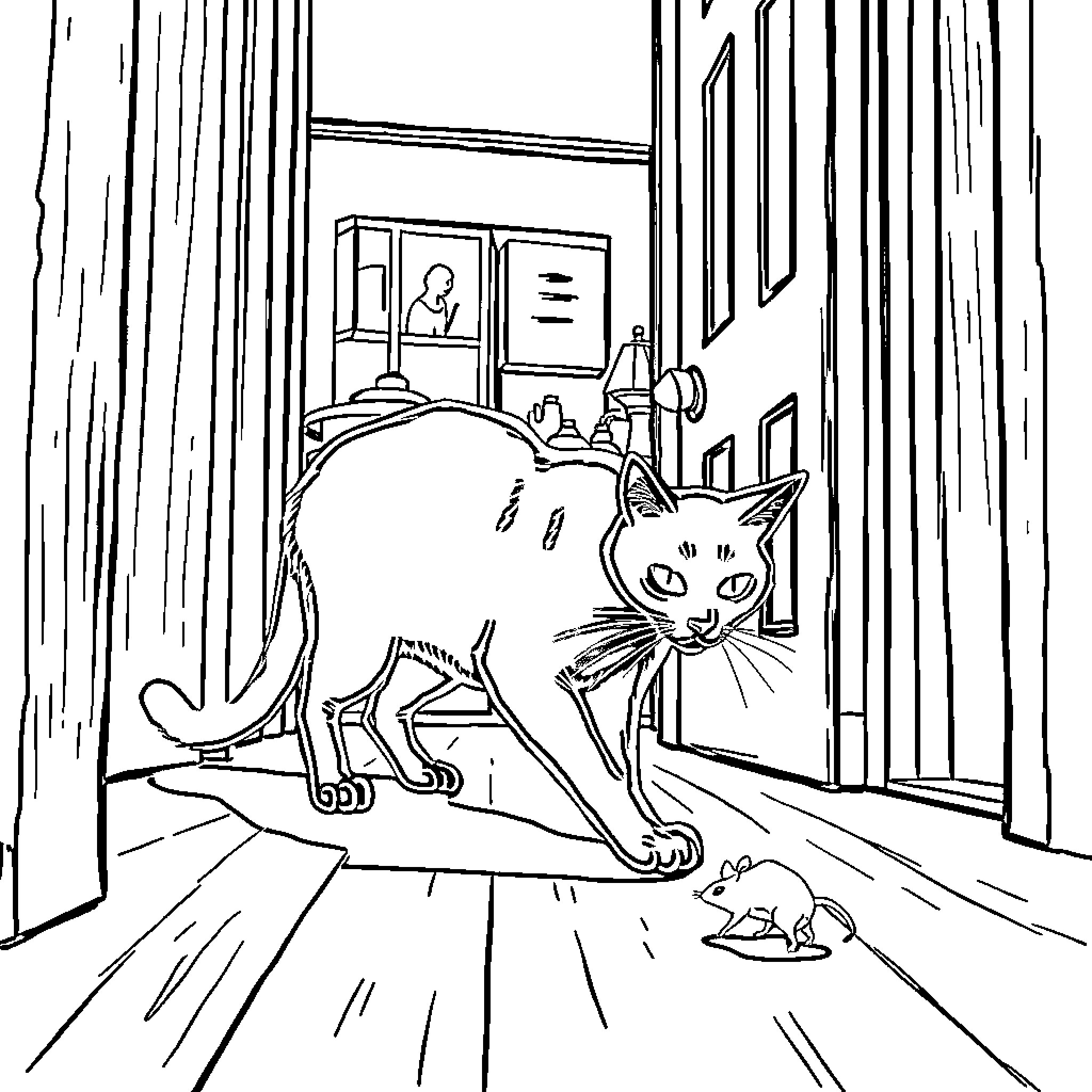 Cat observing mouse in the room Coloring Page (free black-and-white line drawing printable PDF for all, from beginners to advanced learners, including children, teens, adults, and seniors)