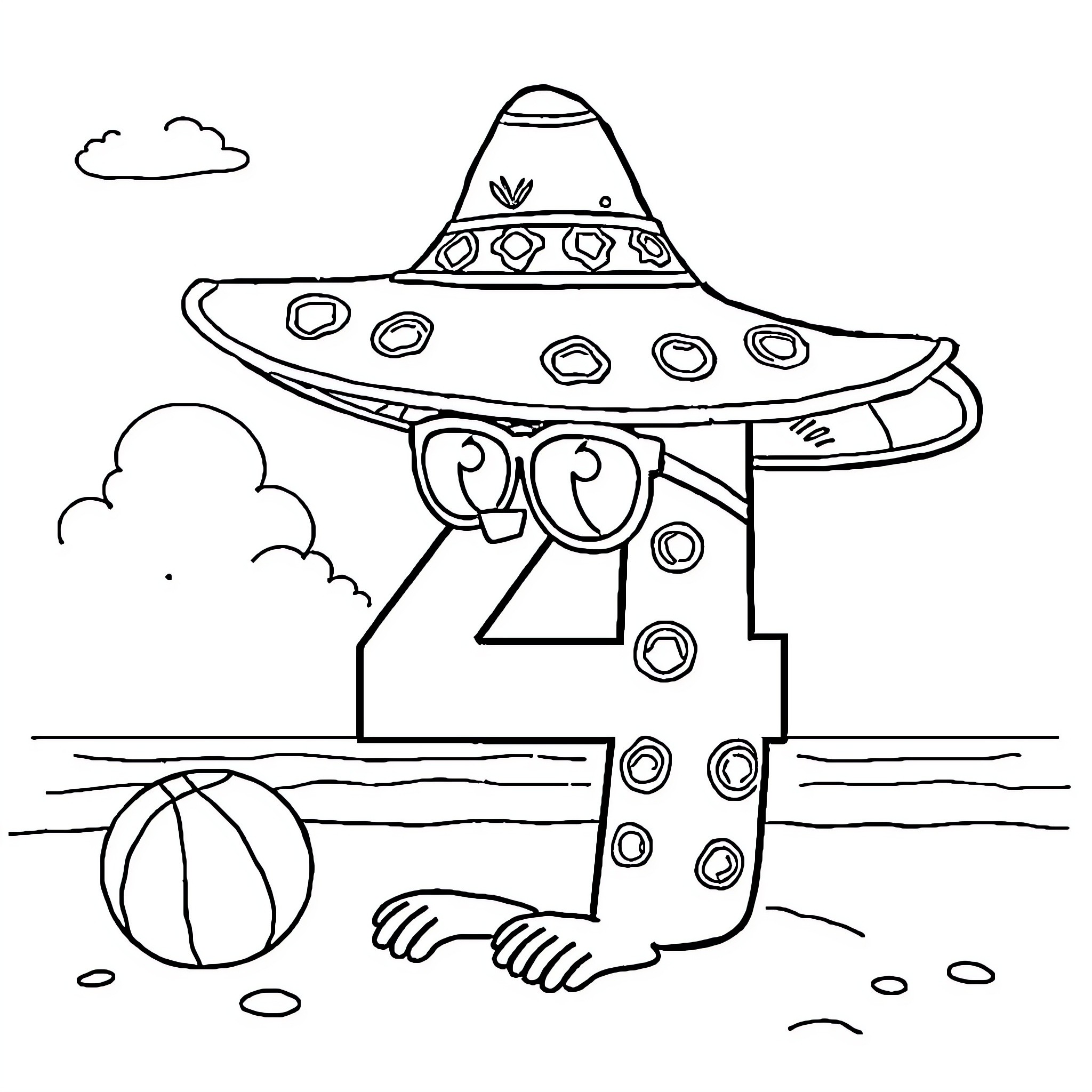 Number 4: Whimsical alien spacecraft on the beach Coloring Page (free black-and-white line drawing printable PDF for all, from beginners to advanced learners, including children, teens, adults, and seniors)