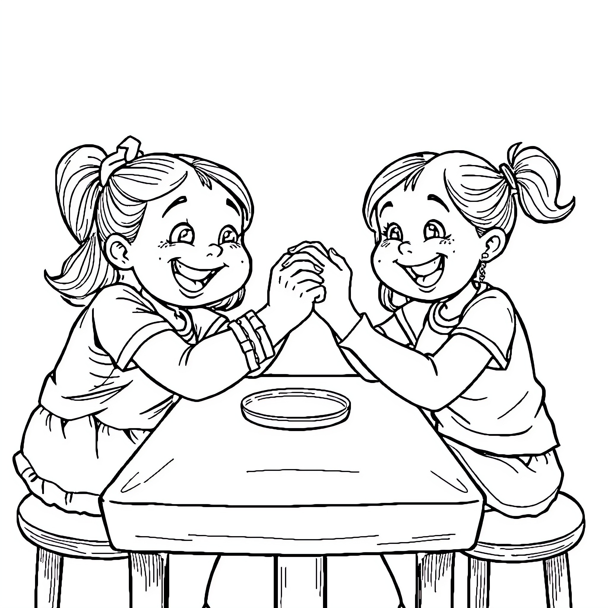 Girls arm wrestling happily at table Coloring Page (free black-and-white line drawing printable PDF for all, from beginners to advanced learners, including children, teens, adults, and seniors)