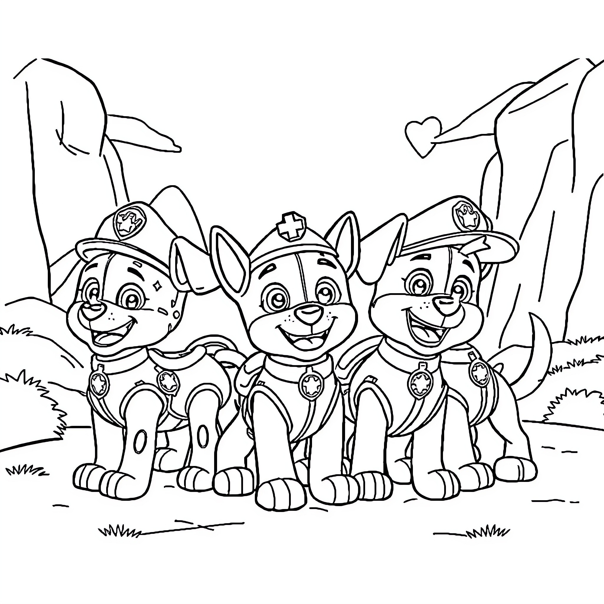 Paw Patrol puppies on an adventure Coloring Page (free black-and-white line drawing printable PDF for all, from beginners to advanced learners, including children, teens, adults, and seniors)