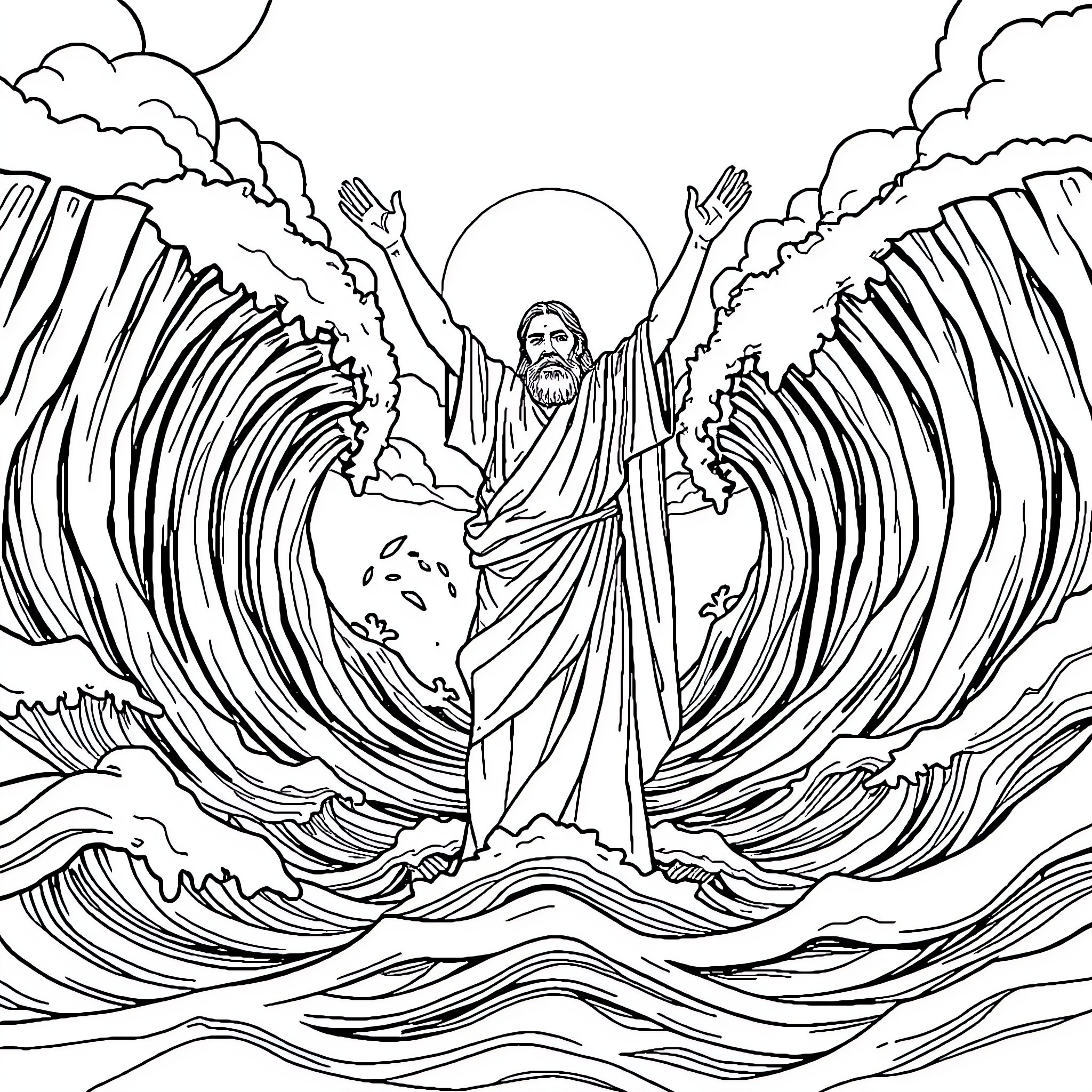 Moses parting the sea with outstretched arms Coloring Page (free black-and-white line drawing printable PDF for all, from beginners to advanced learners, including children, teens, adults, and seniors)