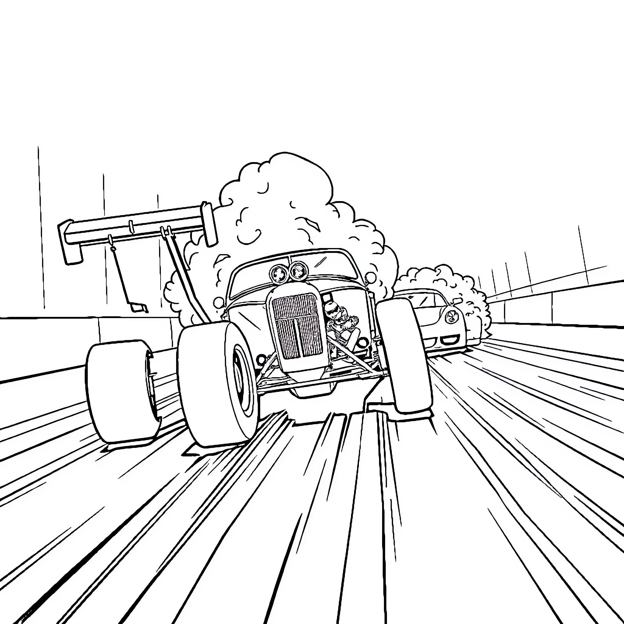 Dragster speeding down the race track Coloring Page (free black-and-white line drawing printable PDF for all, from beginners to advanced learners, including children, teens, adults, and seniors)
