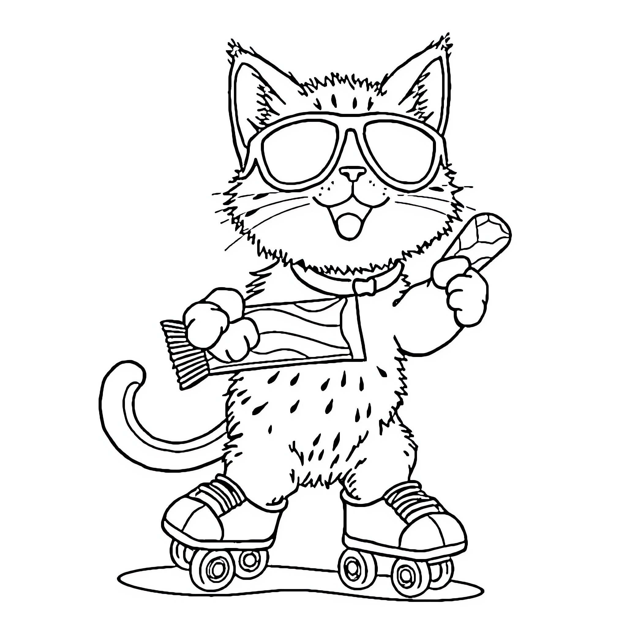 Cat roller skating in sunglasses Coloring Page (free black-and-white line drawing printable PDF for all, from beginners to advanced learners, including children, teens, adults, and seniors)