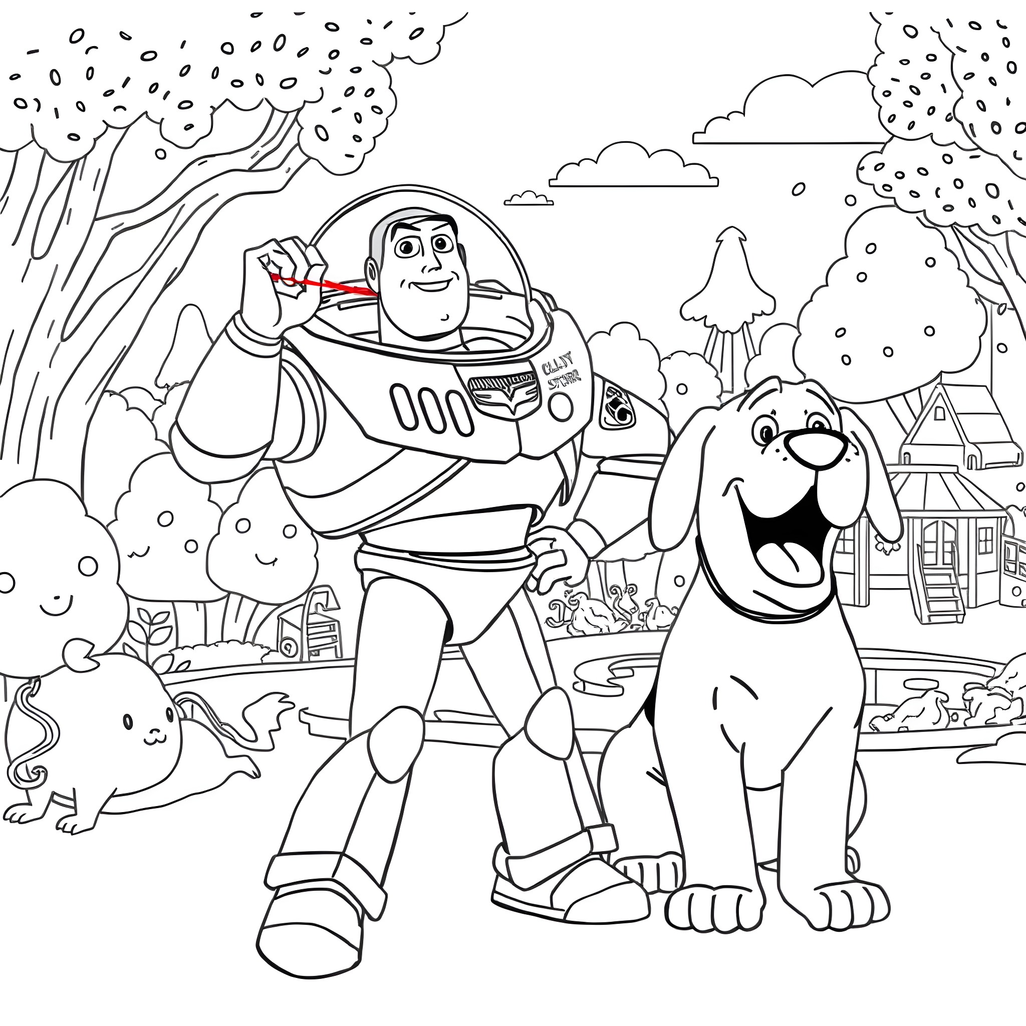 Buzz Lightyear exploring with friends in a snowy landscape Coloring Page (free black-and-white line drawing printable PDF for all, from beginners to advanced learners, including children, teens, adults, and seniors)