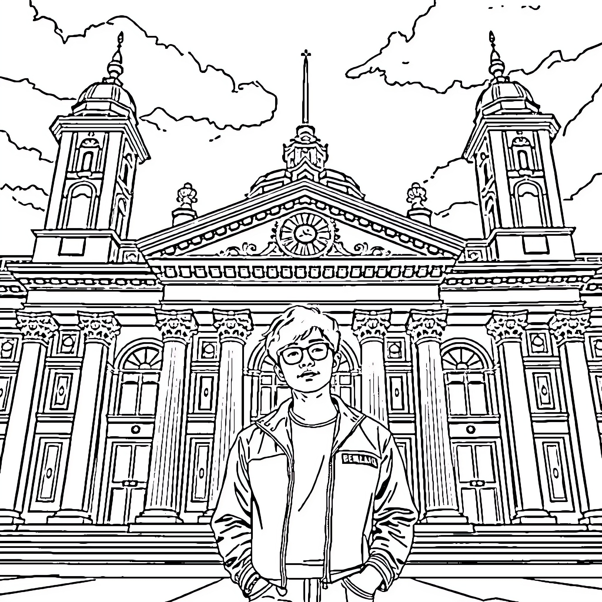 Jung Kook standing confidently in front of a grand architectural building Coloring Page (free black-and-white line drawing printable PDF for all, from beginners to advanced learners, including children, teens, adults, and seniors)