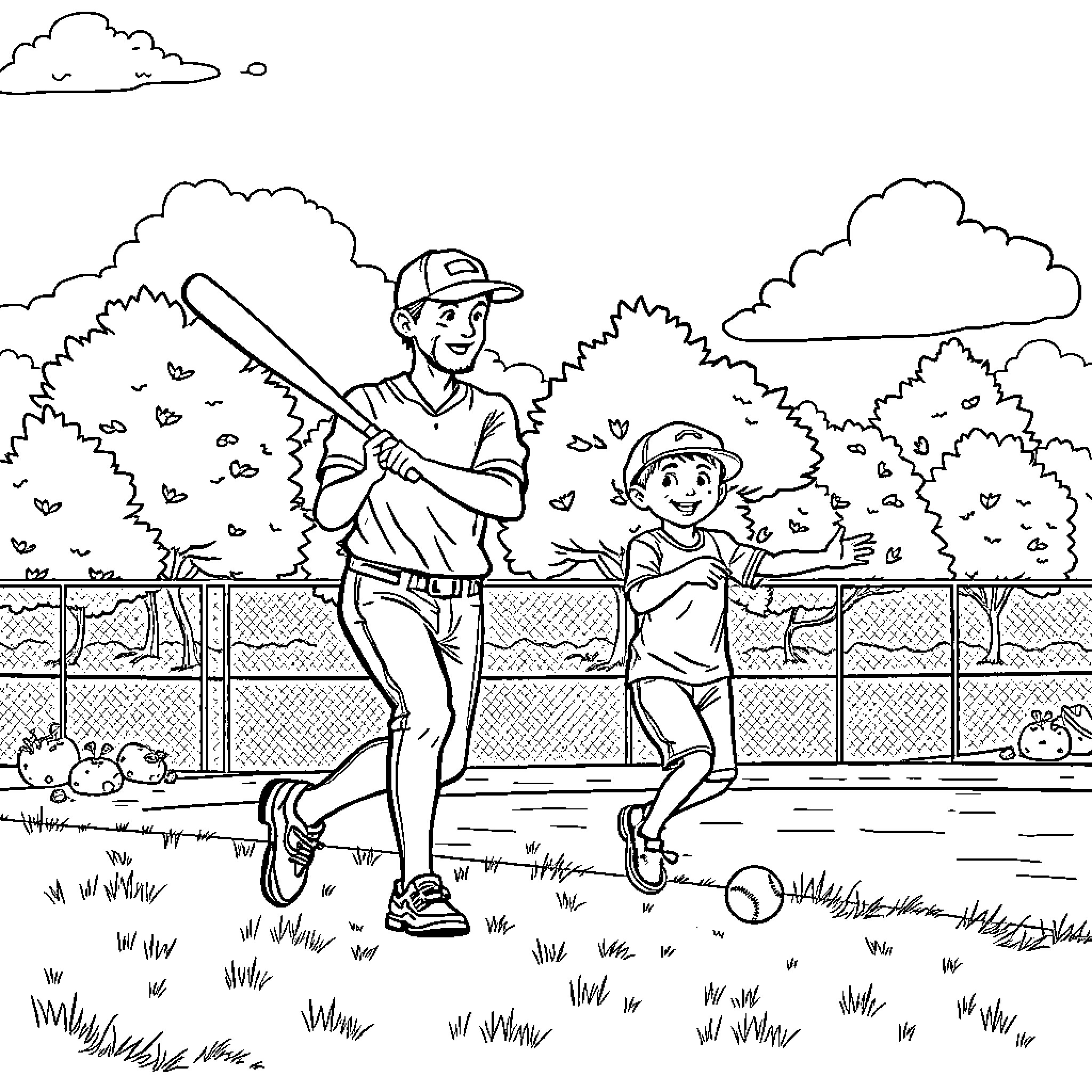 Baseball players enjoying a game in the park Coloring Page (free black-and-white line drawing printable PDF for all, from beginners to advanced learners, including children, teens, adults, and seniors)
