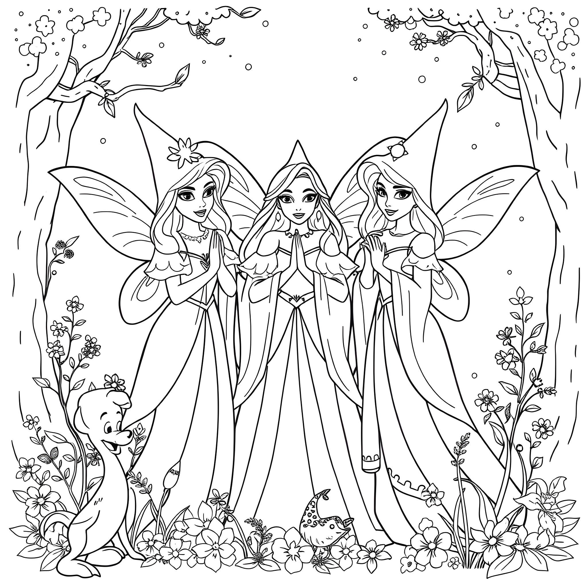 Fairy Godmother and Her Enchanted Fairy Companions in a Magical Forest Coloring Page (free black-and-white line drawing printable PDF for all, from beginners to advanced learners, including children, teens, adults, and seniors)