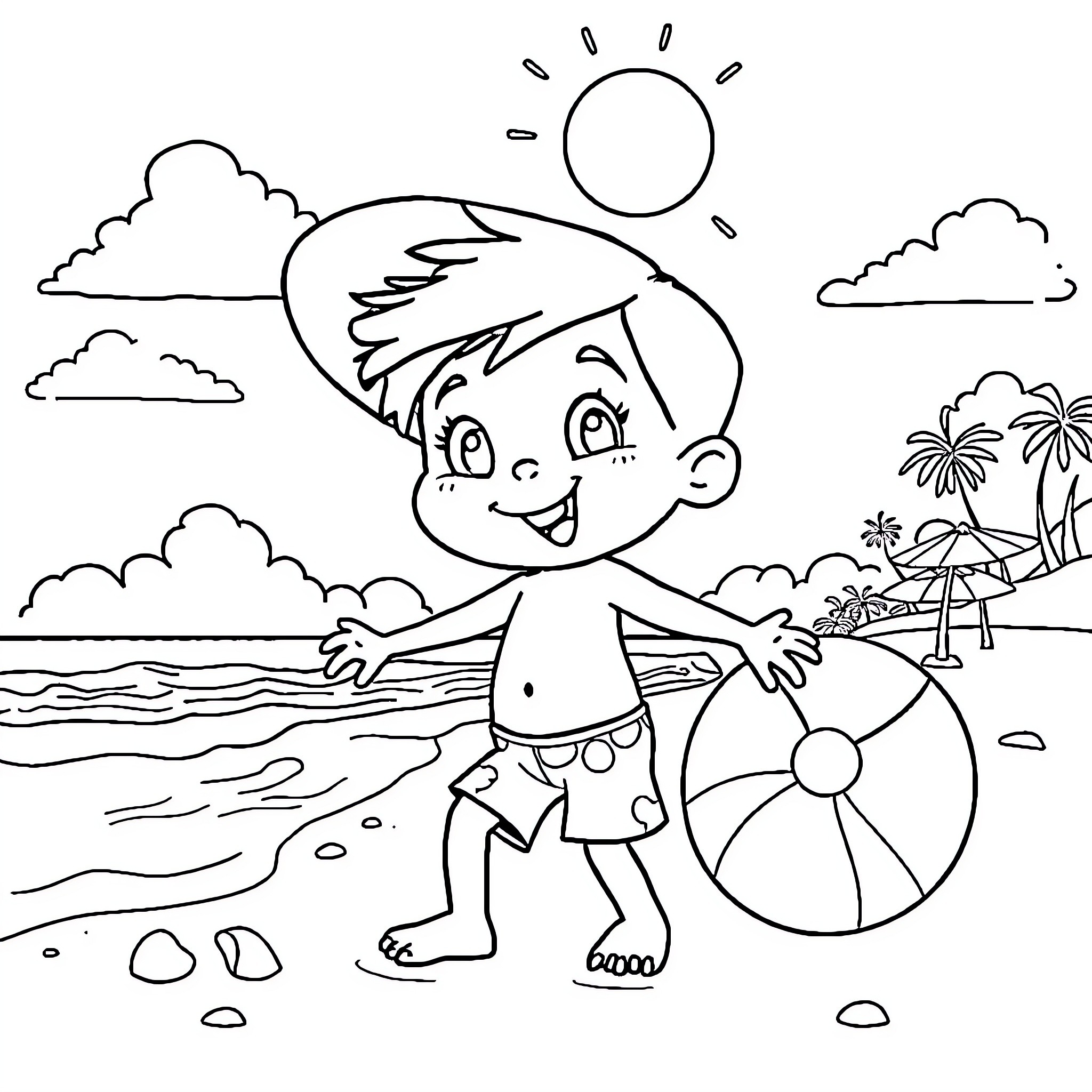 Babe playing joyfully on the beach Coloring Page (free black-and-white line drawing printable PDF for all, from beginners to advanced learners, including children, teens, adults, and seniors)